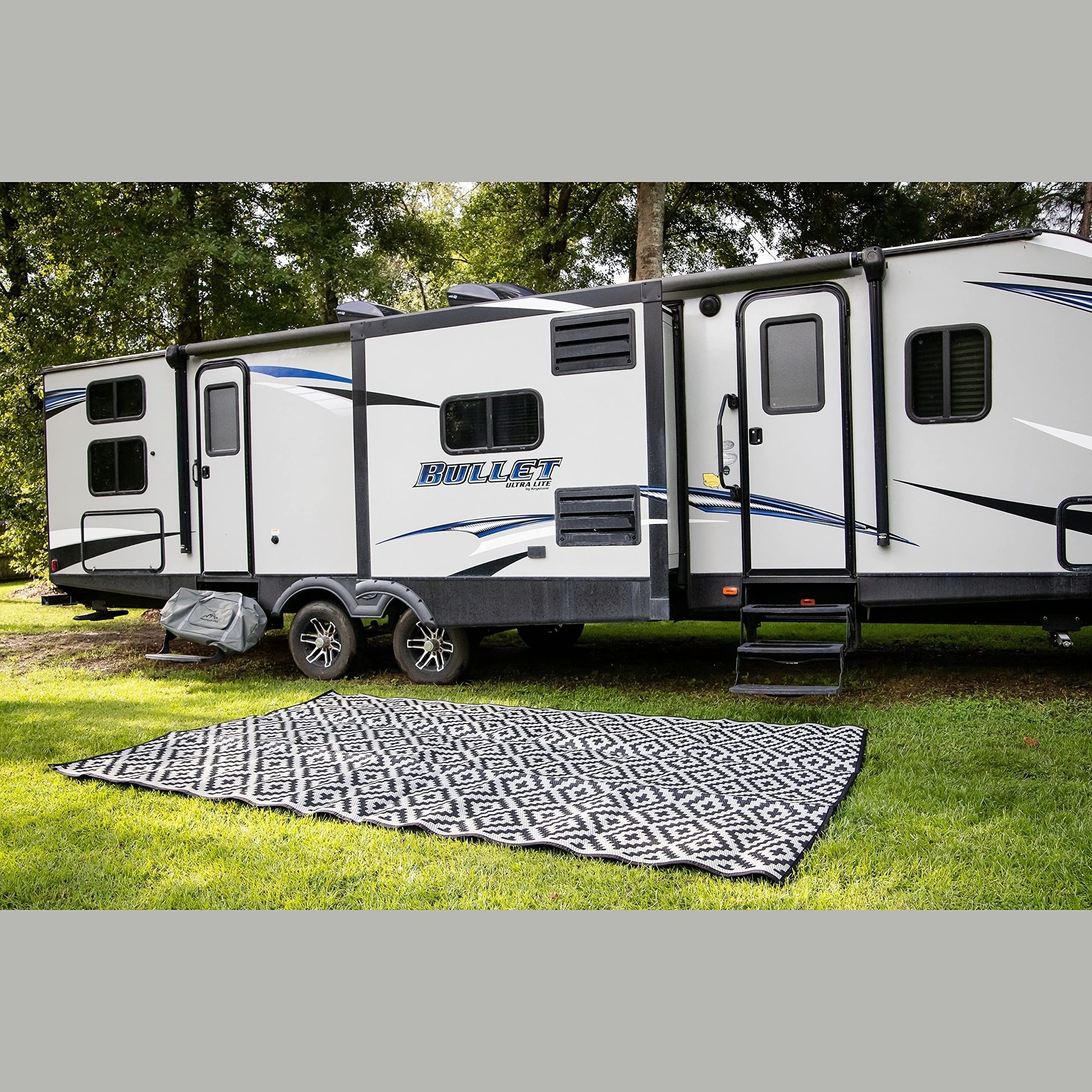 Premium 8' x 12' Outdoor Rug - 100% Recycled Plastic, Sand-Free & Durable - Perfect for Camping, RV, Patio, Beach - Includes Carry Bag & Grommets (Black) - Ideal for Outdoor Gatherings, Picnics & Backyard Decor