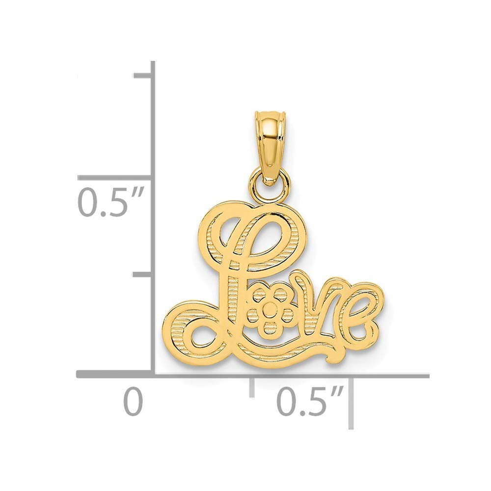 14K Solid Yellow Gold Love Script Pendant with Flower Charm - 15mm x 15mm - Perfect for Valentine's Day Gifts, Anniversary Presents & Everyday Jewelry