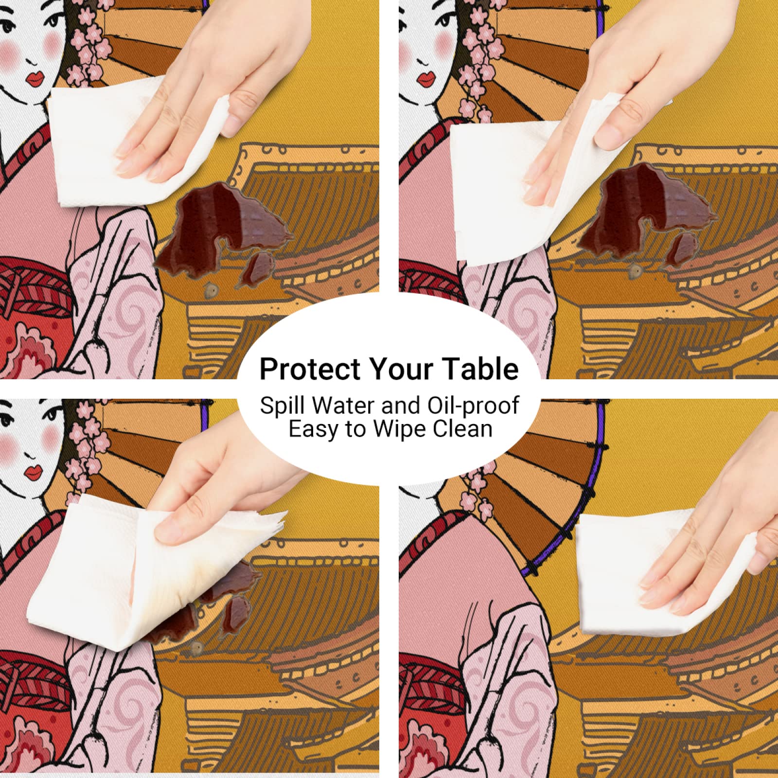 Japanese Geisha Print Elastic Fitted Tablecloth - Waterproof & Wipeable Vinyl Cover for 45