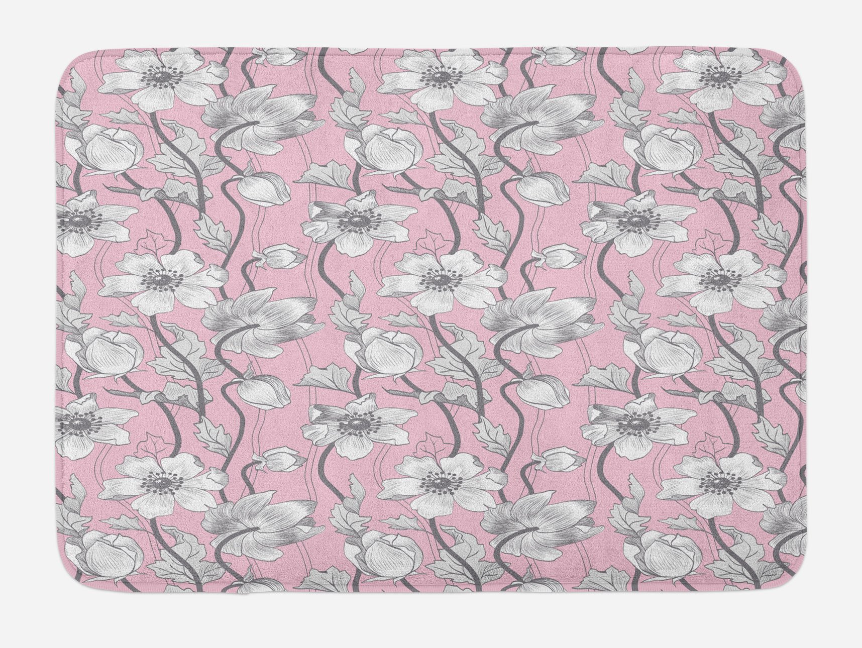 Ambesonne Vintage Floral Anemone Bath Mat - Soft Pink & Grey Plush Non-Slip Bathroom Rug, 30