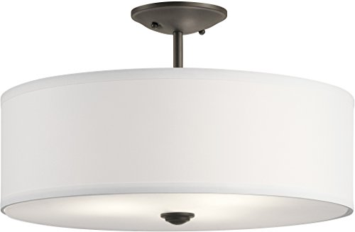 Kichler Shailene 18-Inch 3-Light Round Semi-Flush Mount Ceiling Light with Satin Etched White Glass Diffuser & White Microfiber Shade in Olde Bronze Finish - Perfect for Bedroom, Dining Room, and Hallway Lighting