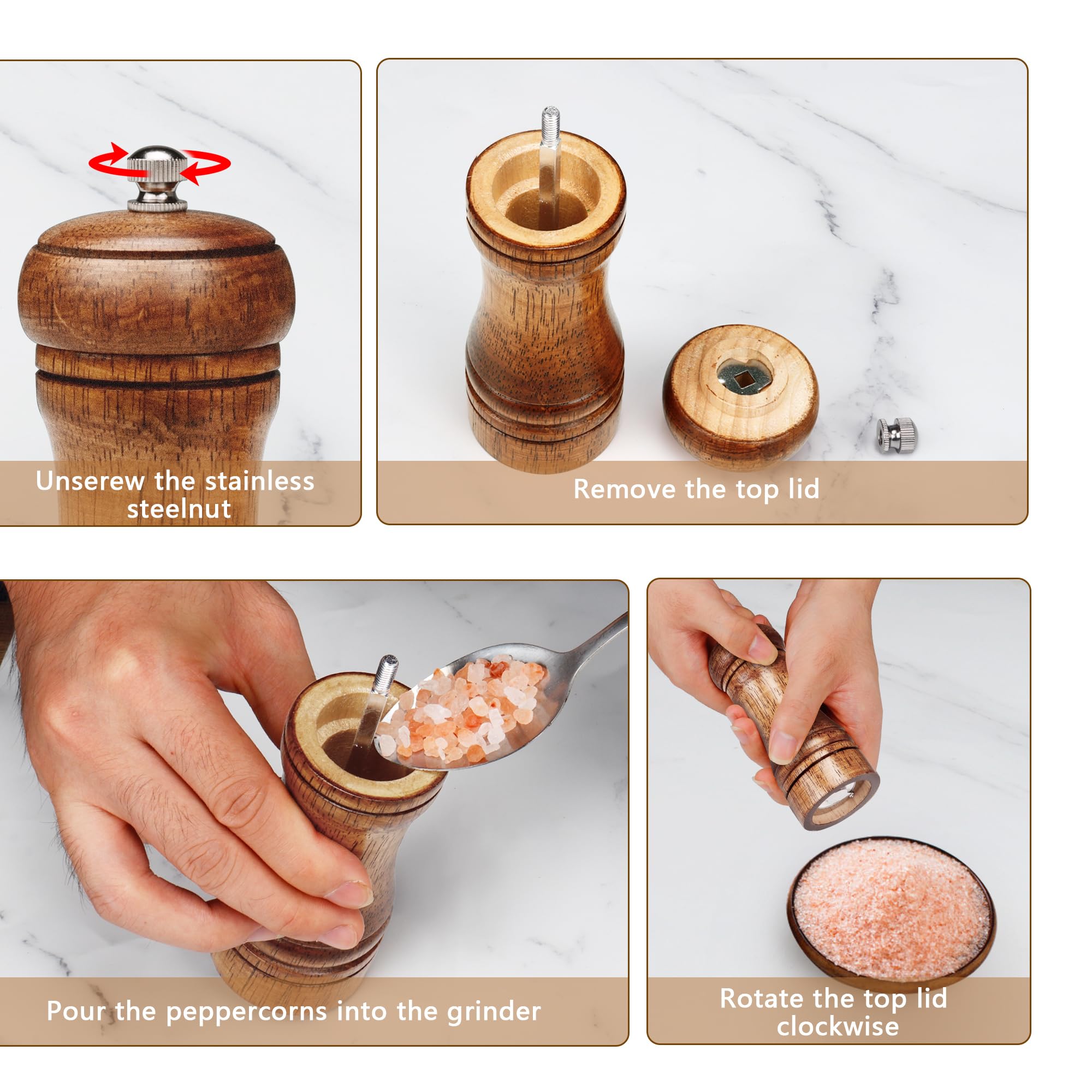 Premium Gulex® 8 Inch Wooden Pepper Grinder & Salt Mill - Adjustable Coarseness, Ceramic Grinding Mechanism, Refillable - Dark Color (5.5