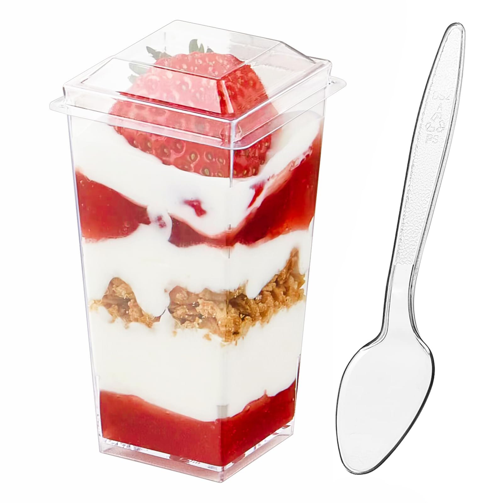 Zezzxu 50-Pack 3 oz Mini Plastic Dessert Cups with Lids & Spoons - Square Shooter Glasses for Appetizers, Parfaits, Mousse, Trifle, Fruit Pudding | Perfect for Parties, Catering & Home Dessert Serving