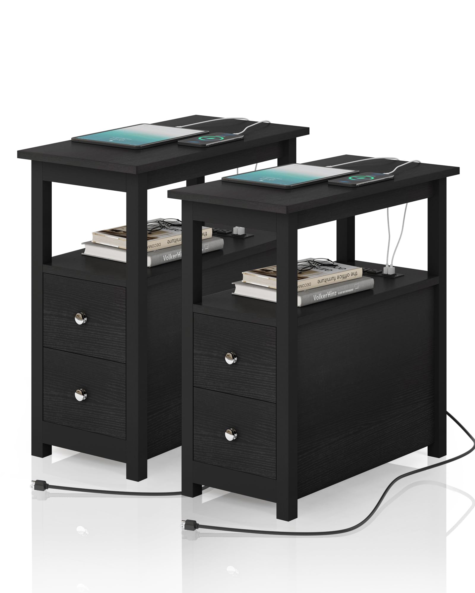 Sandinrayli 2-Piece Black Wooden End Table Set with Charging Station - Nightstand with 2 USB Ports & 2 Power Outlets for Bedroom, Living Room, Office - Modern Side Tables with Convenient Device Charging