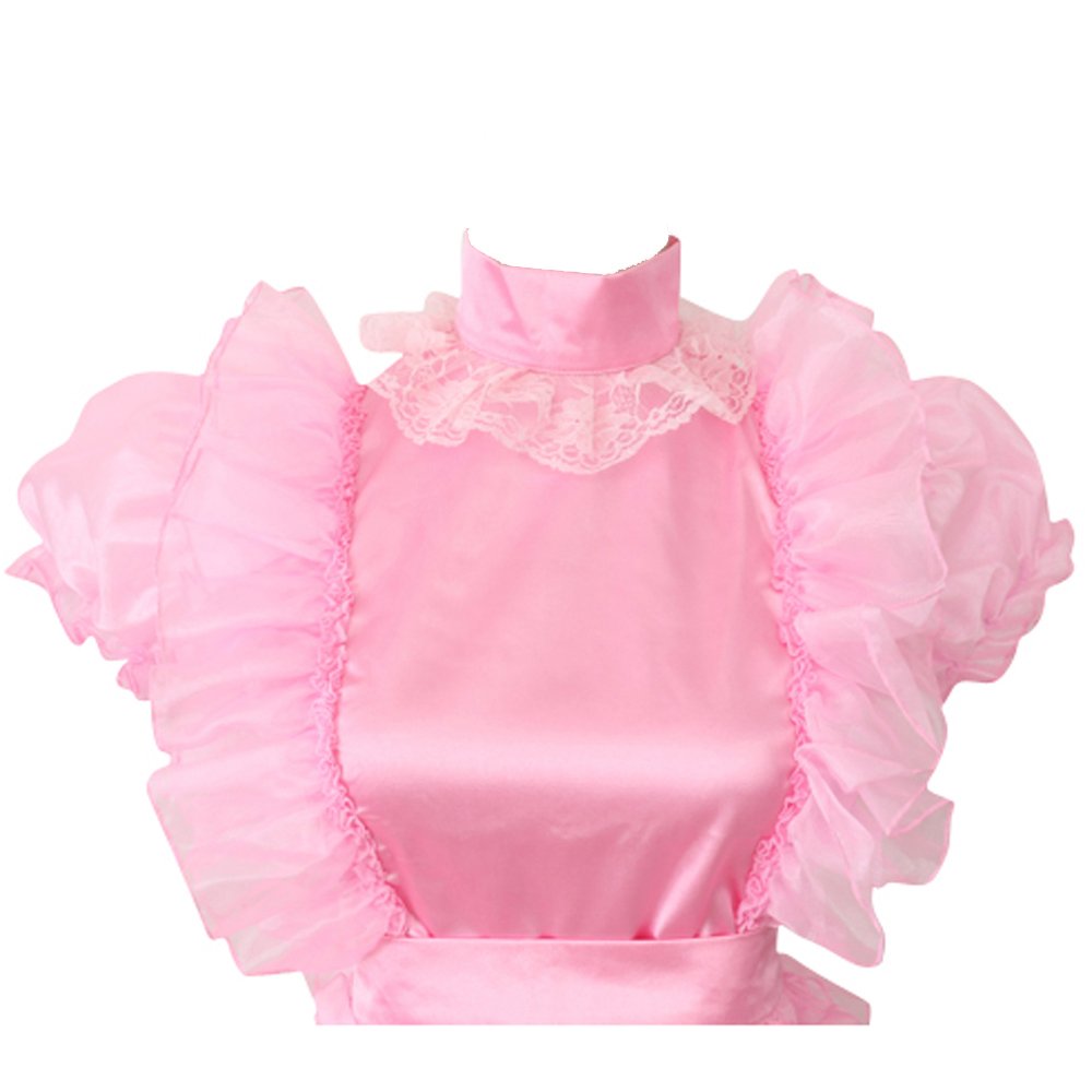Sexy Pink Satin French Maid Costume with Lockable Design - Women's Crossdress Lingerie Dress for Cosplay, Role Play & Halloween Parties