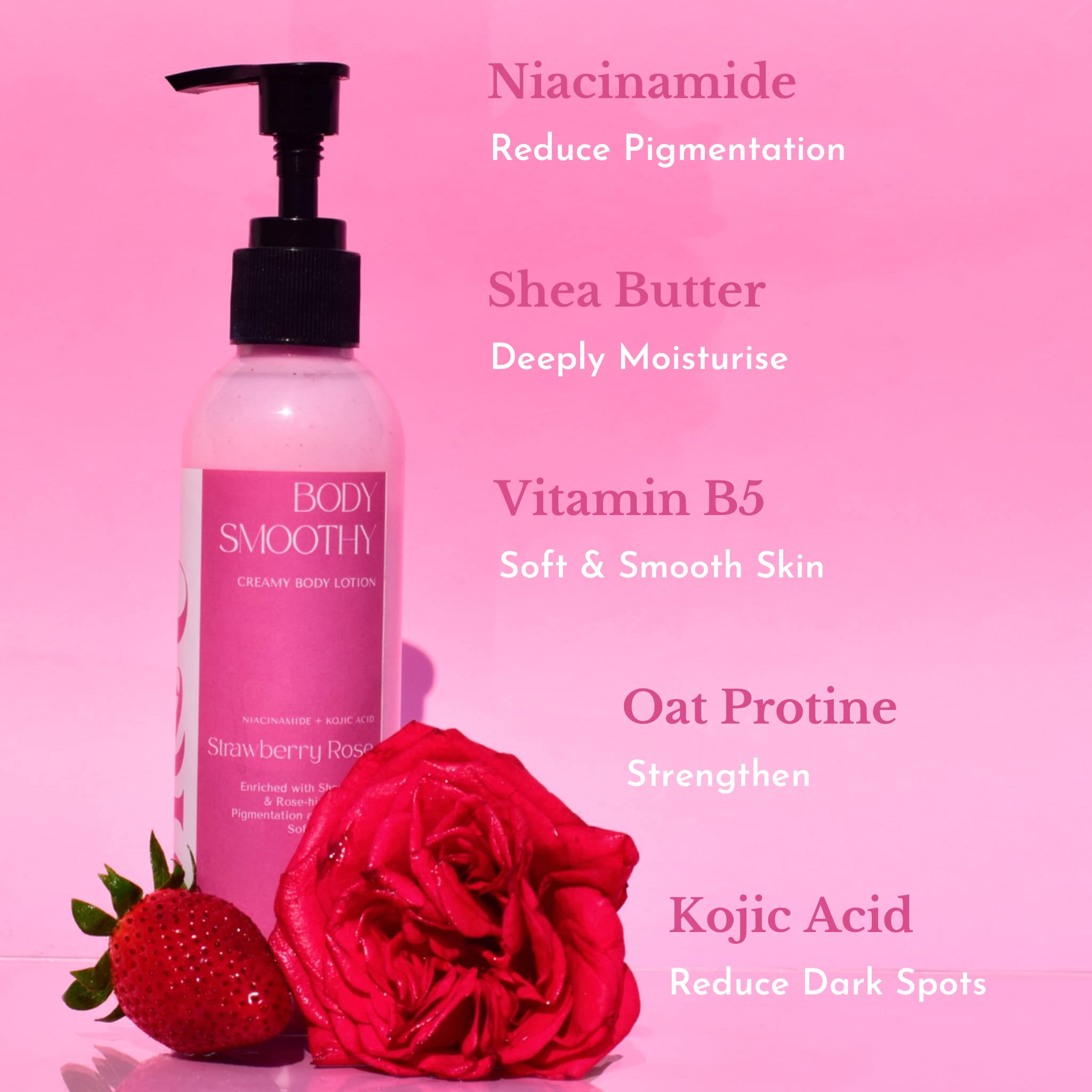 Strawberry Rose Smoothy Body Lotion - Enriched with Rose Extract, Shea Butter, Niacinamide & Kojic Acid - Hydrating Moisturizer for Men & Women - All Skin Types - Perfect for Dry Skin Care & Daily Body Hydration