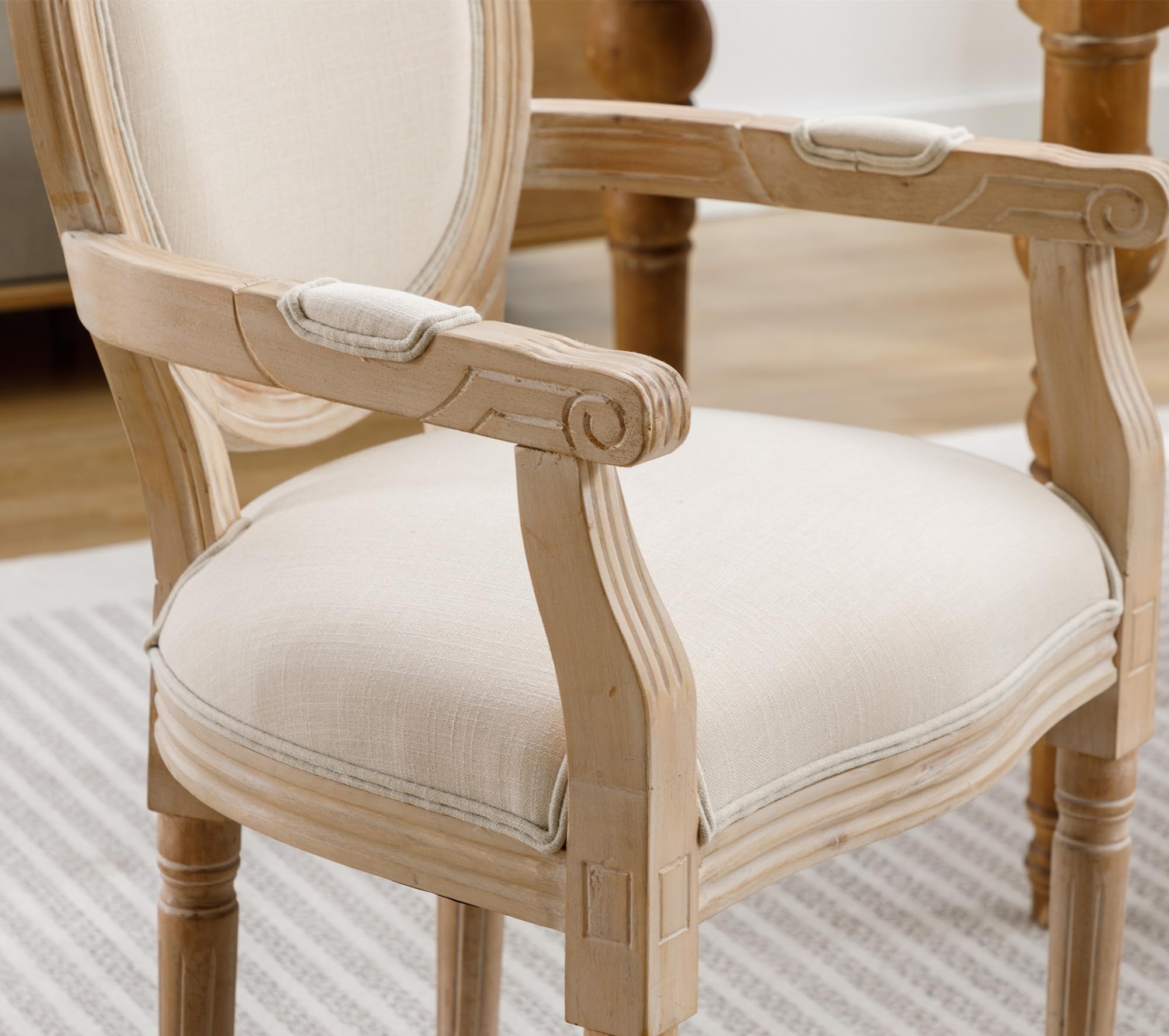 SSLine Set of 2 French Dining Chairs with Armrests - Solid Wood Farmhouse Kitchen Chairs, Retro Round Back Upholstered in Linen - Perfect for Dining Room, Living Room & Bedroom Decor