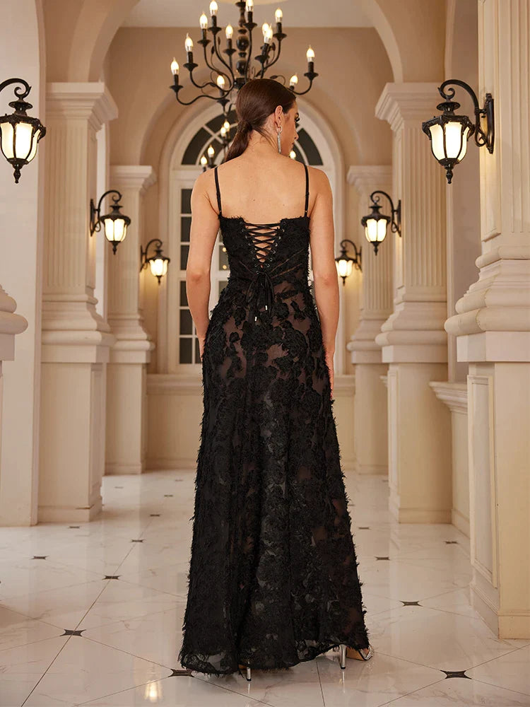 Elegant Black Applique Maxi Dress for Women - Formal Occasion & Party Gown - Perfect for Dancing, Weddings, and Evening Events