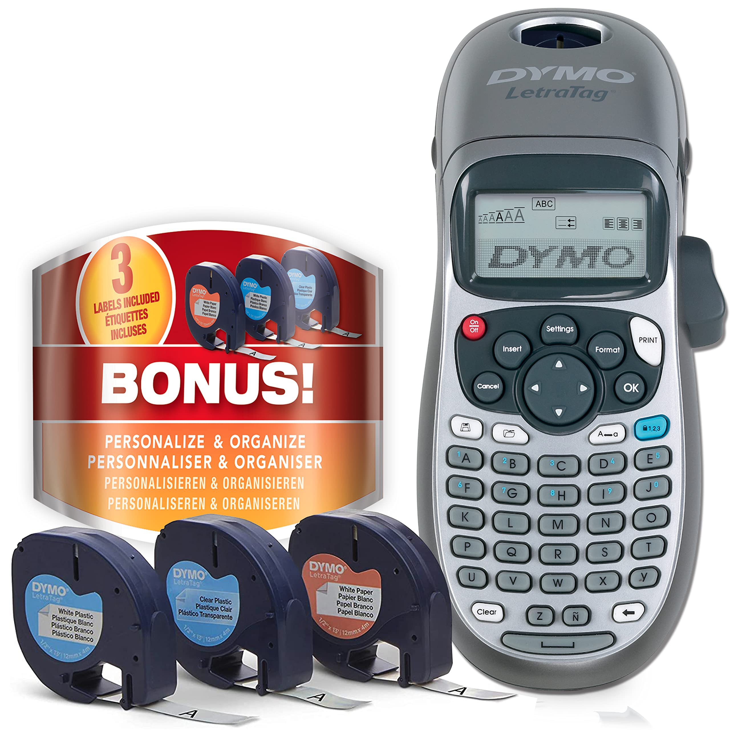 DYMO LetraTag 100H Handheld Label Maker with 3 Bonus LT Label Tapes - Easy-to-Use Labeling Machine for Home, Office & School Organization | Perfect for File Folders, Storage Bins, Shipping Labels & Craft Projects (Renewed)