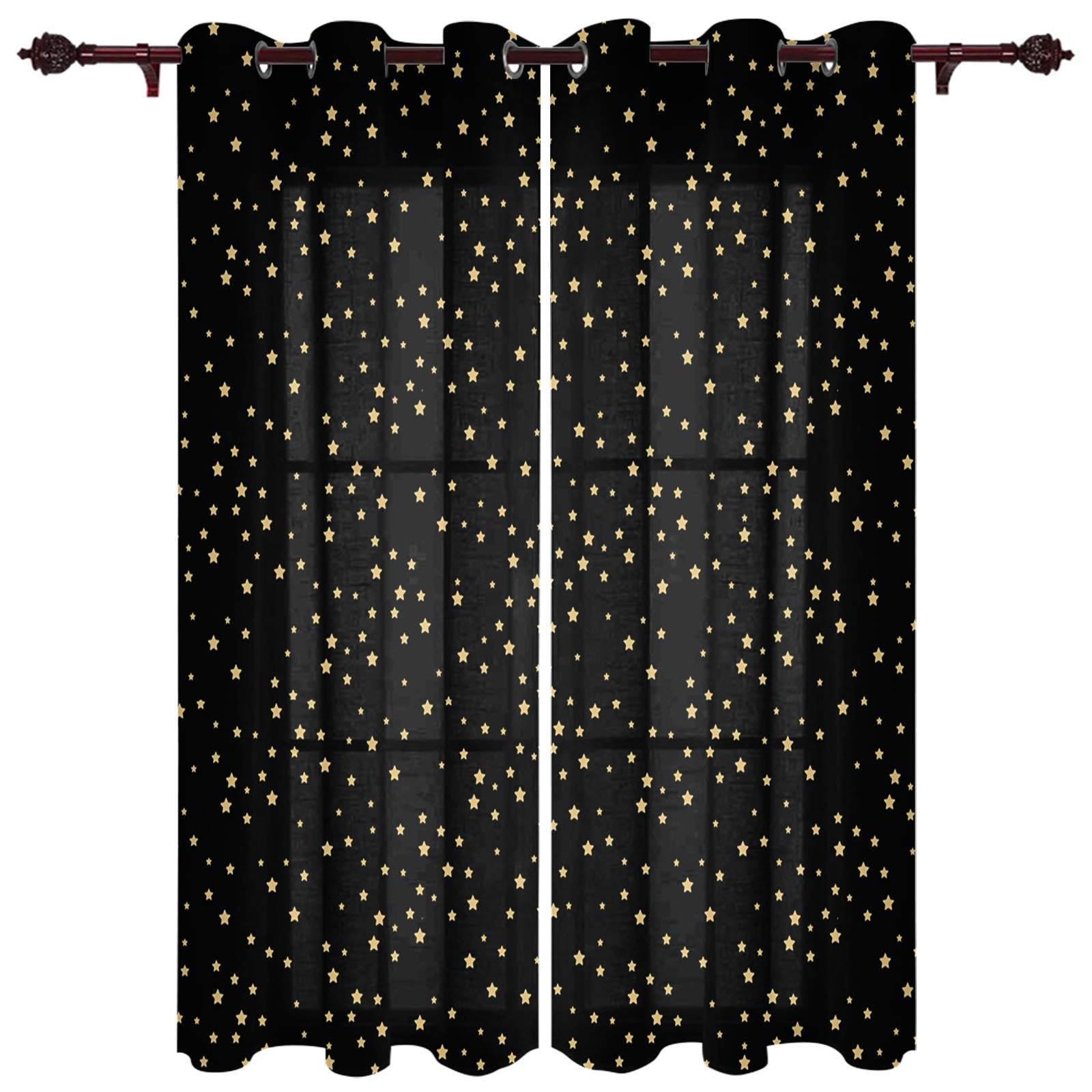 Black Star Sheer Curtains for Windows - 2 Panel Kitchen Tier Grommet Drapes, 84 Inch Length - Perfect for Living Room, Bedroom, Patio & Sliding Glass Doors | Light Filtering Window Treatment for Privacy & Decoration
