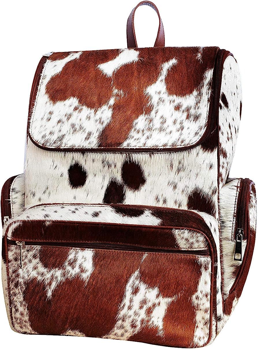 Genuine Cowhide Leather Backpack for Women - Stylish Cow Print Diaper Bag - Travel & Baby Essentials Organizer - Perfect for Moms, Work Commute & Weekend Getaways