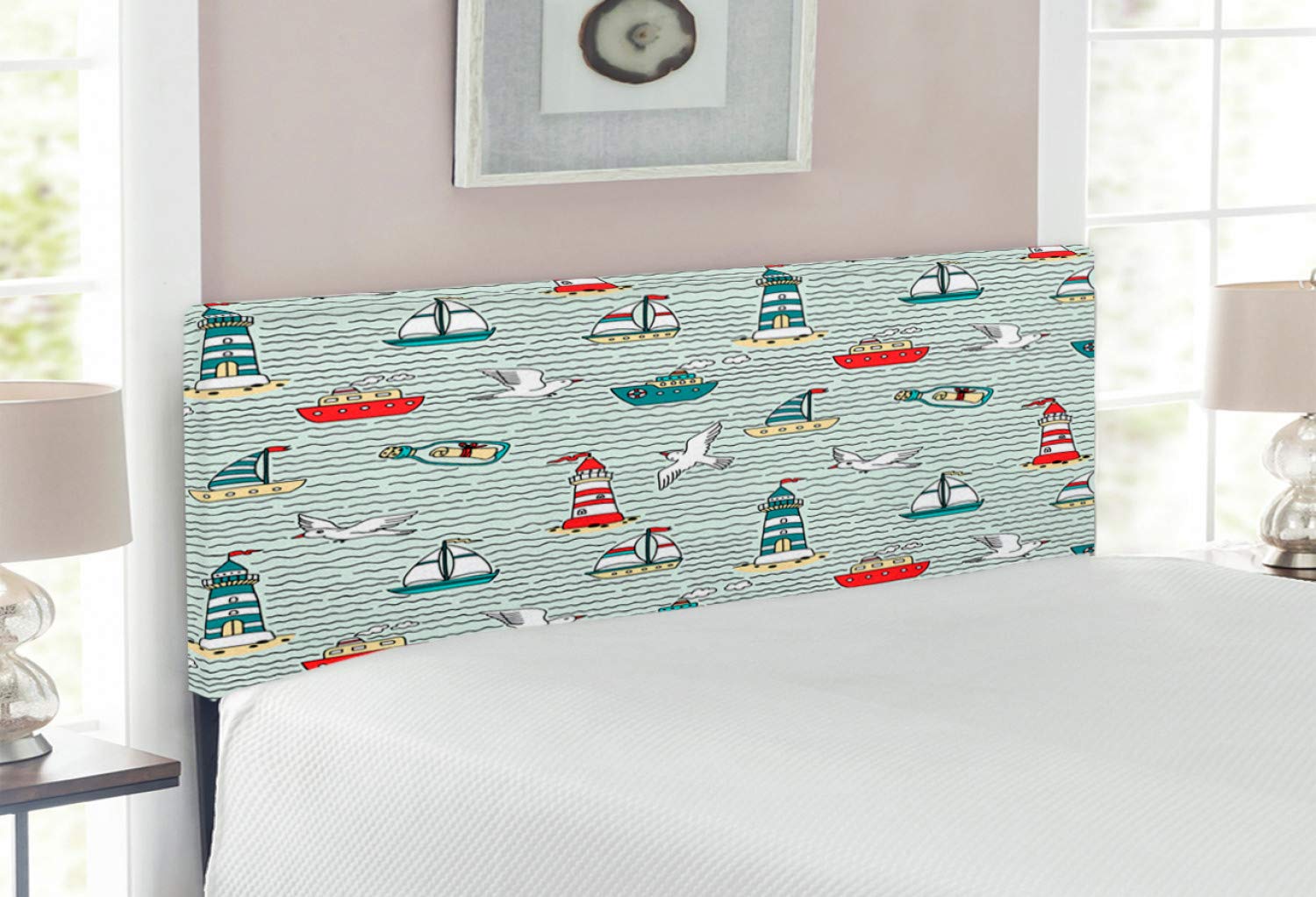 Ambesonne Nautical Lighthouse Headboard - Full Size Upholstered Metal Bed Headboard with Memory Foam, Seagulls & Sailboats Design for Coastal Bedroom Decor | Perfect for Beach House, Guest Room or Nautical Theme Bedroom