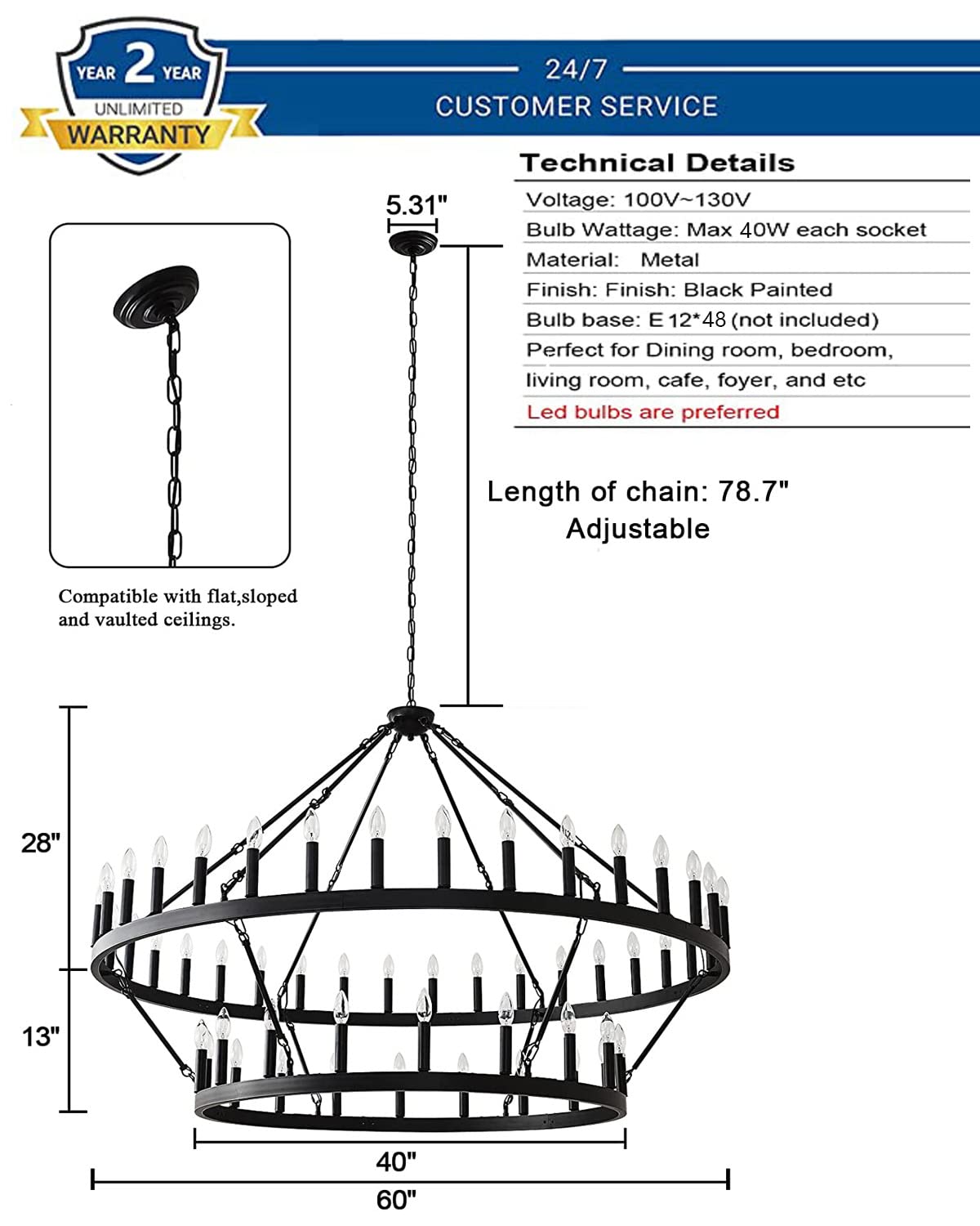 60 Inch Large Black Wagon Wheel Chandelier - 2 Tier 54-Lights Farmhouse Industrial Rustic Pendant Light Fixture for Dining Room, Kitchen, Living Room & Bedroom | Perfect for Country Style Home Decor & Cabin Lighting