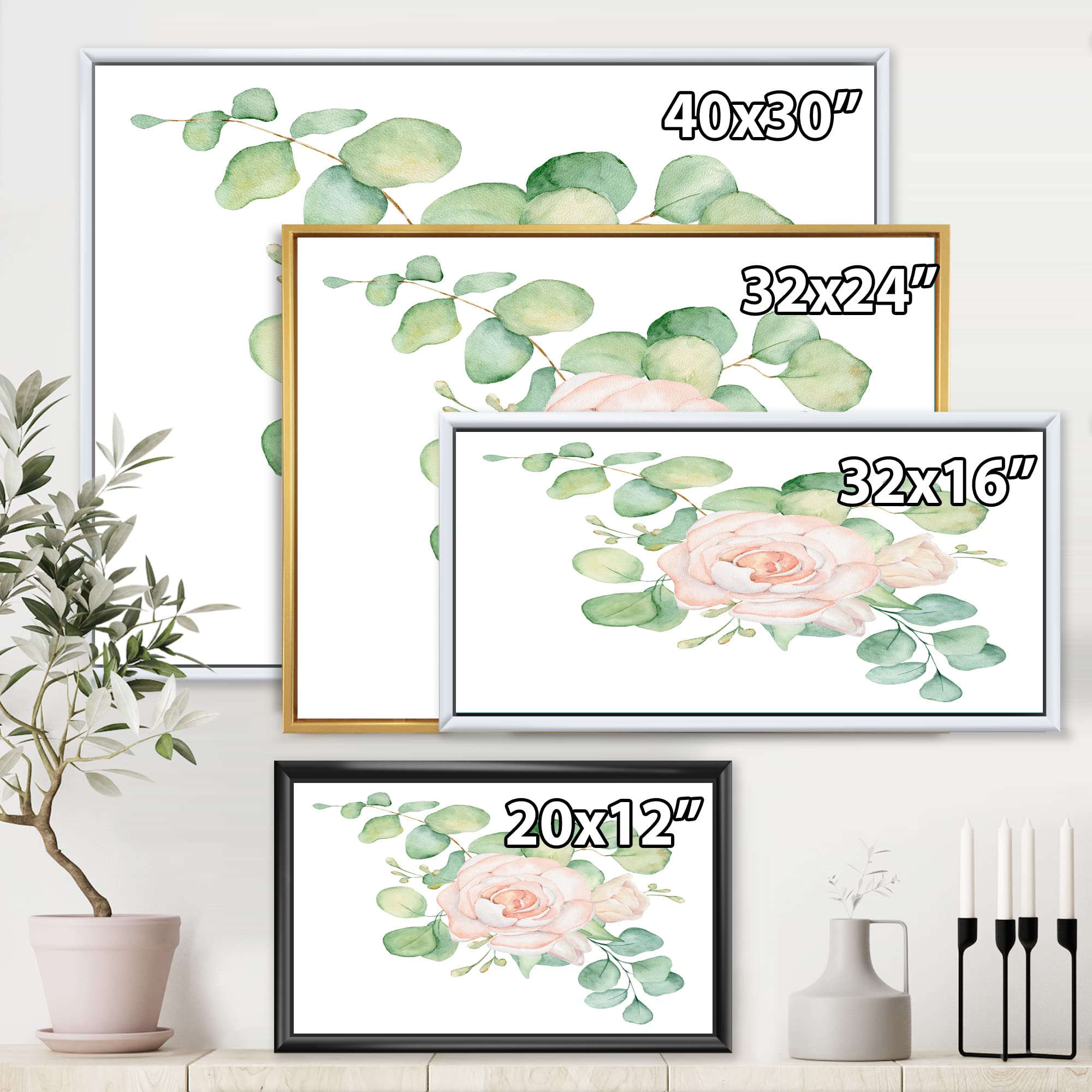 DesignQ Pink Roses and Eucalyptus Leaves Framed Canvas Wall Art - Floral Home Decor for Living Room, Bedroom & Office - Traditional Botanical Print for Modern Interior Design