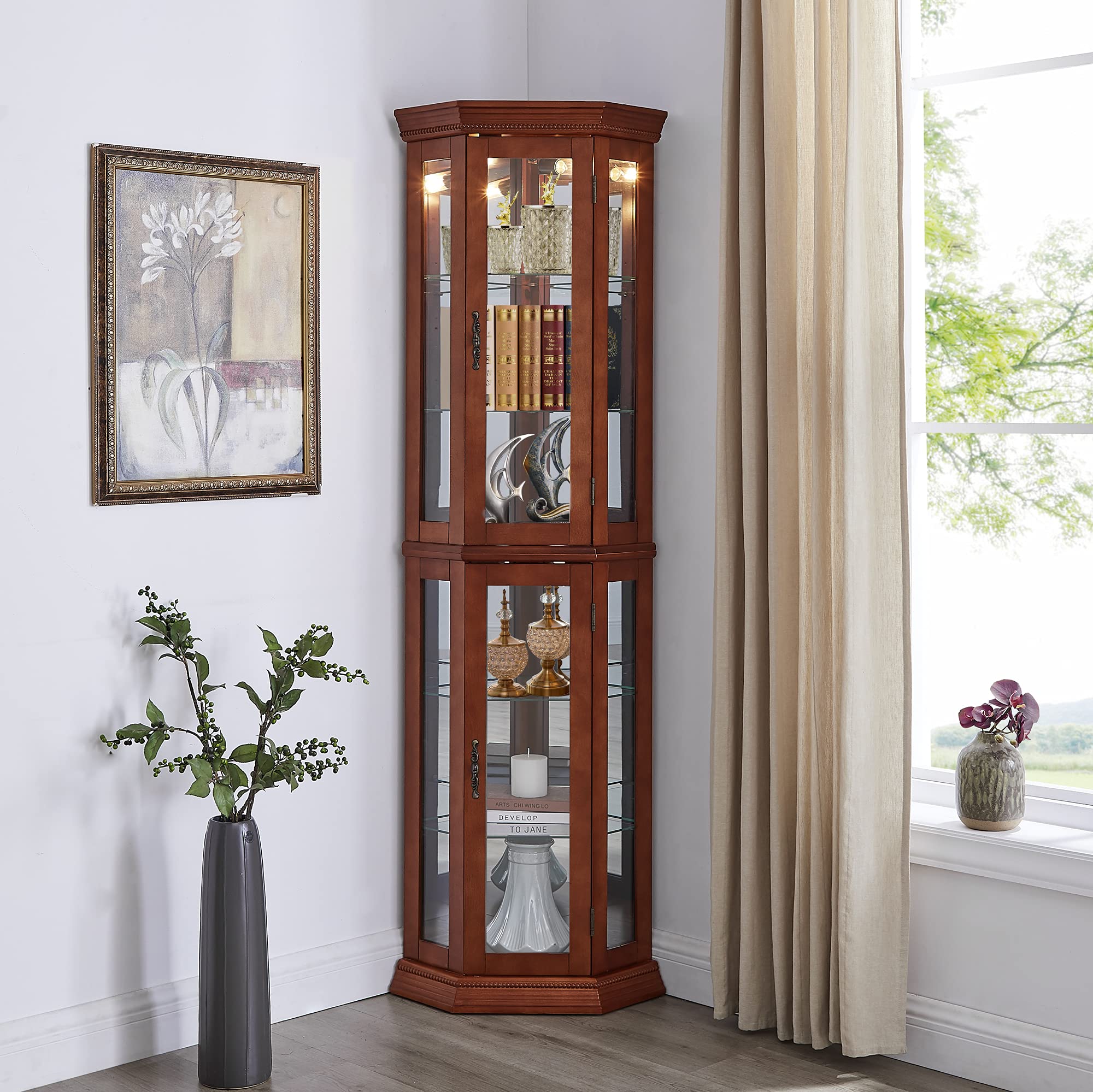 GOOD & GRACIOUS Walnut Corner Curio Cabinet with LED Lights - Adjustable Tempered Glass Shelves & Mirrored Back - Display Cabinet for Collectibles, China, or Home Decor - Perfect for Living Room, Dining Room, or Entryway Display