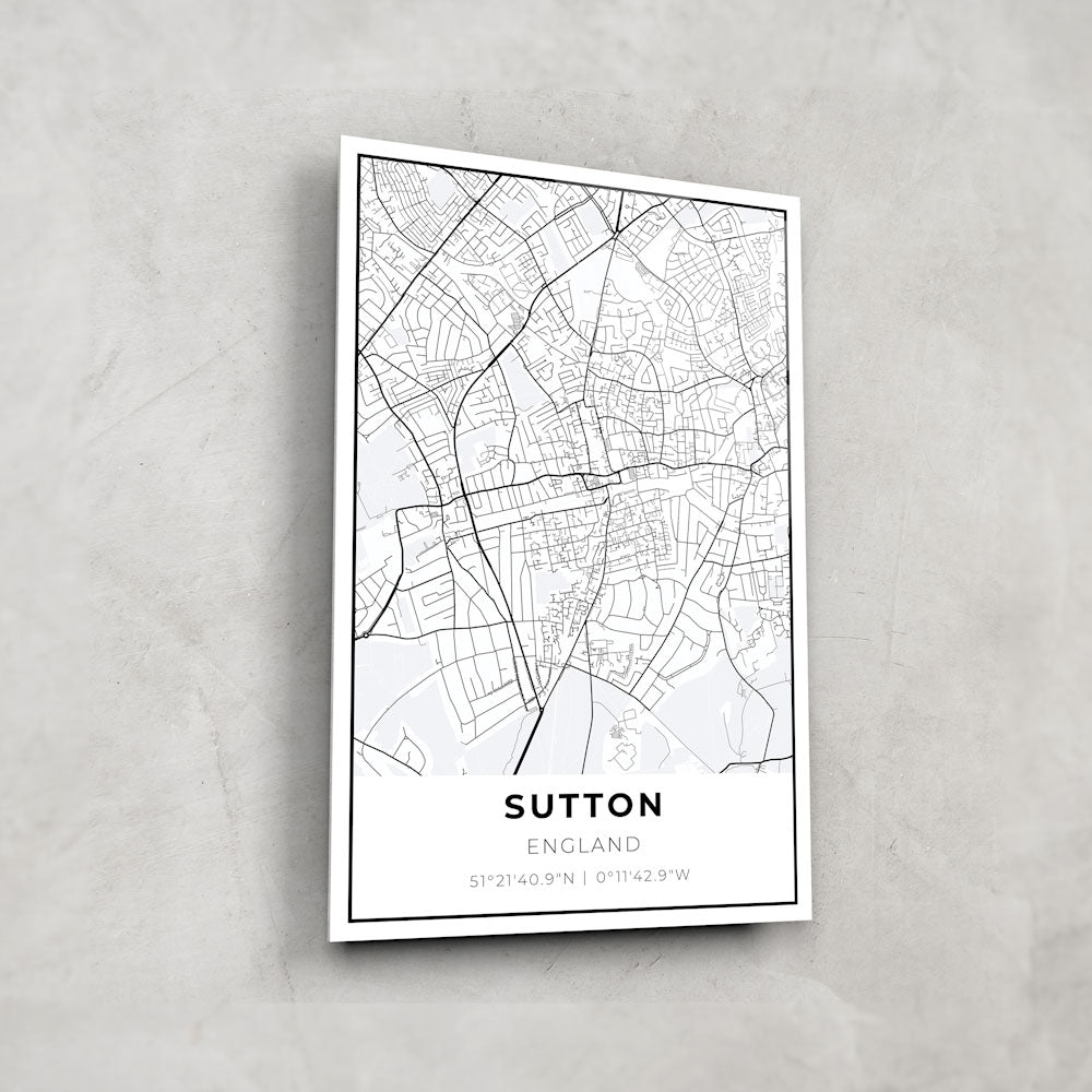 Sutton Map Glass Wall Art - Vintage Style Decorative Glass Panel for Home & Office Decor - Perfect for Living Room, Bedroom, or Office Wall Display