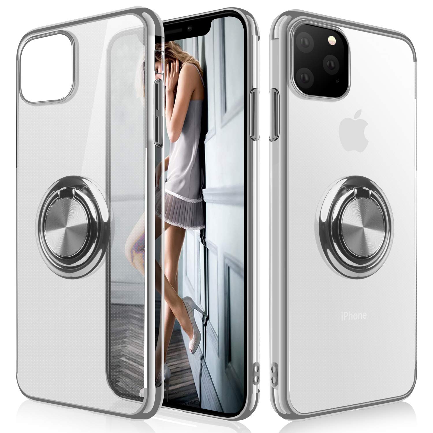 Ultra Slim Clear Crystal TPU Case for iPhone 11 Pro Max with 360° Rotatable Ring Kickstand & Electroplated Frame - Silver | Protective Phone Cover for Daily Use, Travel, and Hands-Free Viewing