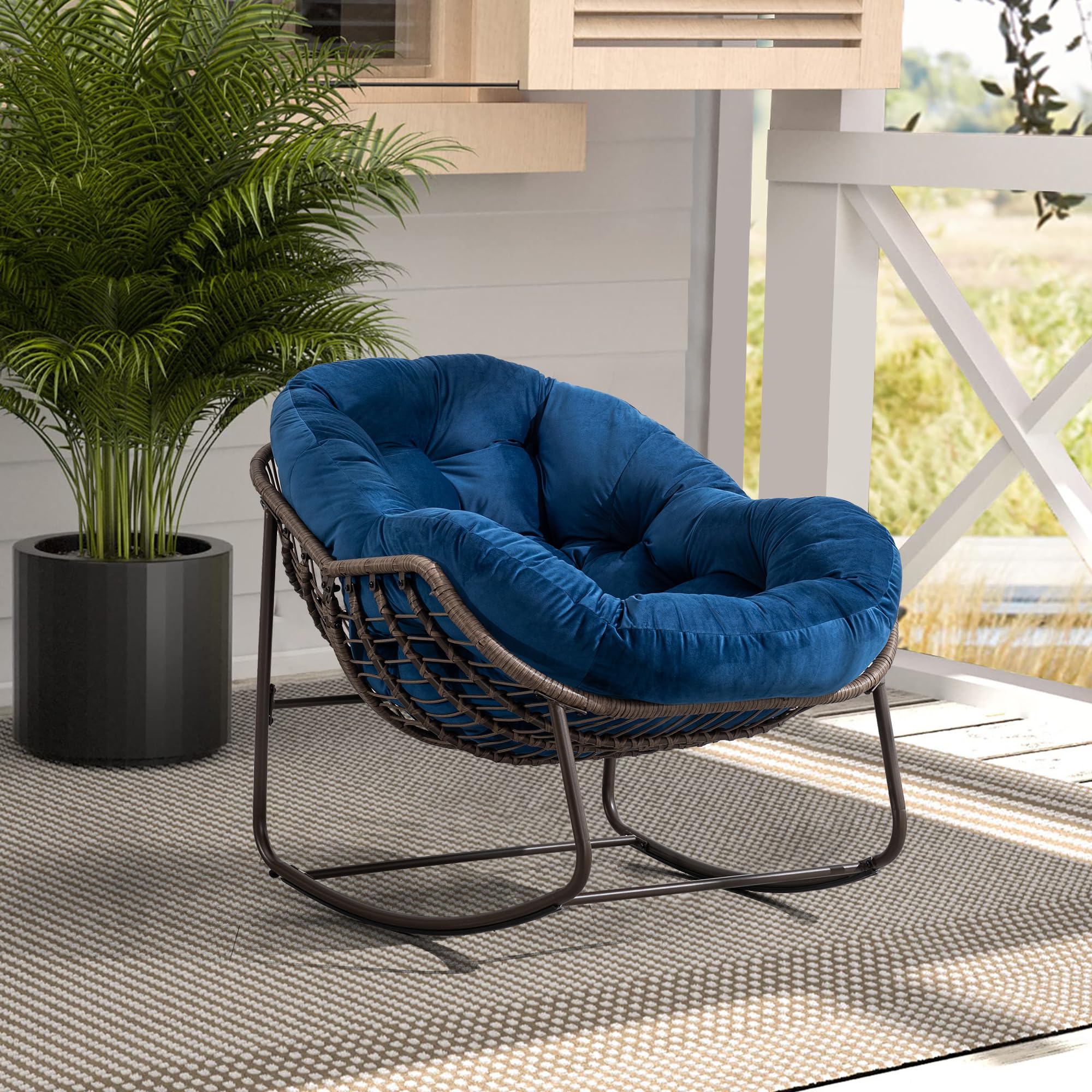 Oversized Wicker Papasan Glider Rocking Chair - Comfortable Patio & Indoor Rocker Recliner for Living Room, Nursery, Bedroom, Front Porch - Blue Accent Lounge Chair for Relaxing, Reading & Napping (1 Chair)