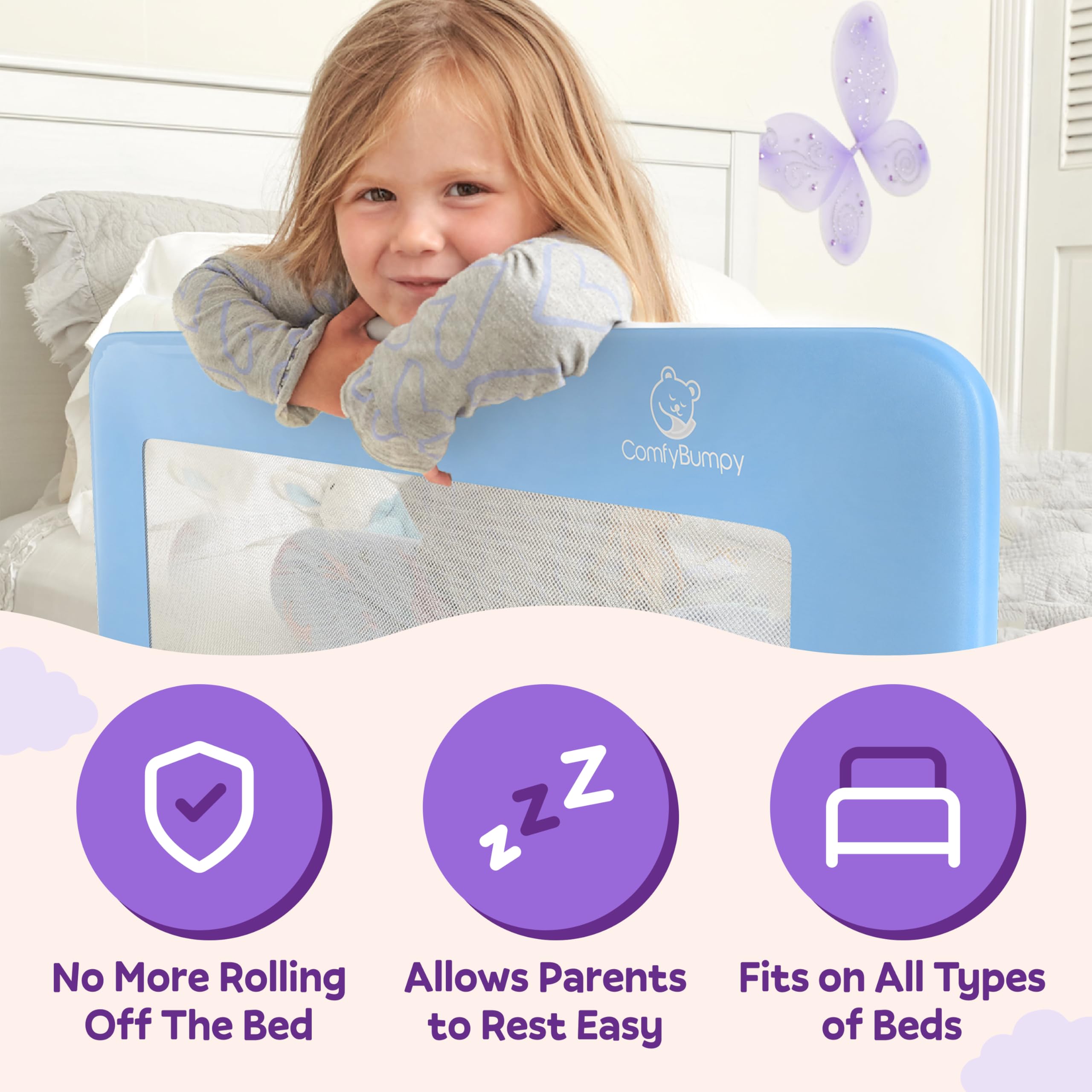 **ComfyBumpy Adjustable Toddler Bed Rail Guard - Safety Bed Rails for Kids, Fits Twin, Full, Queen & King Size Beds - Swing Down Baby Bed Side Rail - Blue, Regular (35.5