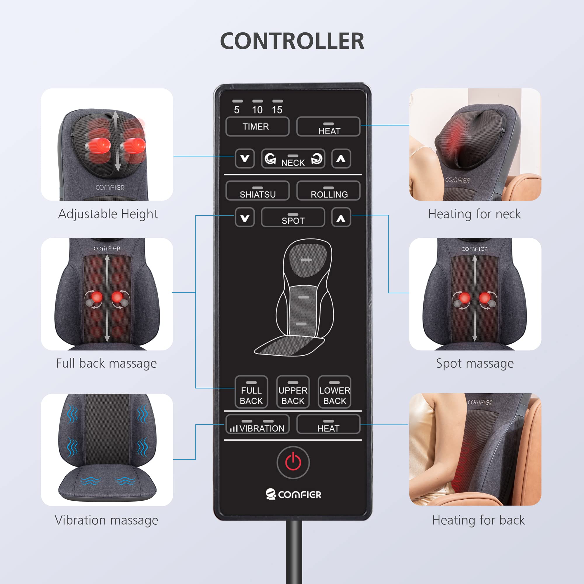 COMFIER Shiatsu Neck and Back Massager with Heat - Adjustable Chair Massage Cushion for Shoulder & Spine Support - Perfect Gift for Parents (Dad/Mom) - Home & Office Relaxation - Gray