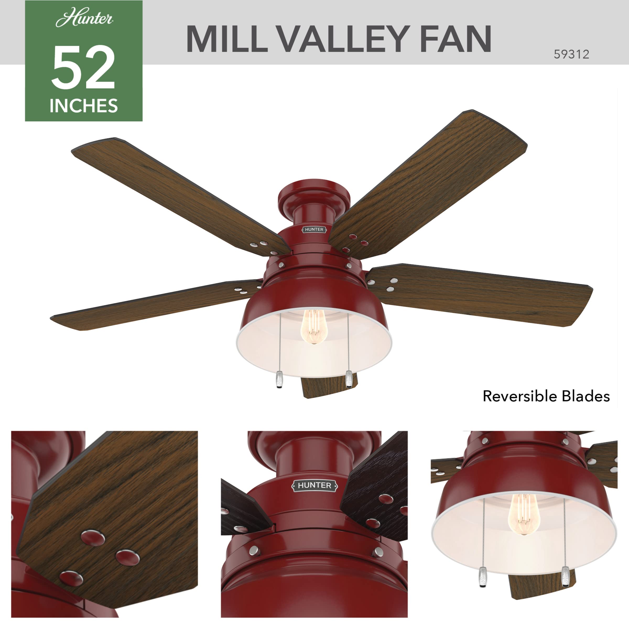 Hunter 59312 52 Inch Mill Valley Ceiling Fan with Light Kit - Large Barn Red Indoor/Outdoor Ceiling Fan for Living Room, Bedroom, Patio & Covered Porch