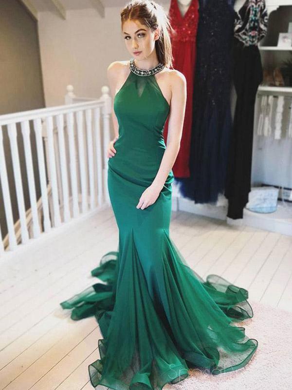 Emerald Green Beaded Halter Mermaid Evening Gown - Elegant Long Prom Dress for Sweet 16, Homecoming & Formal Events | Style 18425 | Perfect for Dances, Galas & Special Occasions