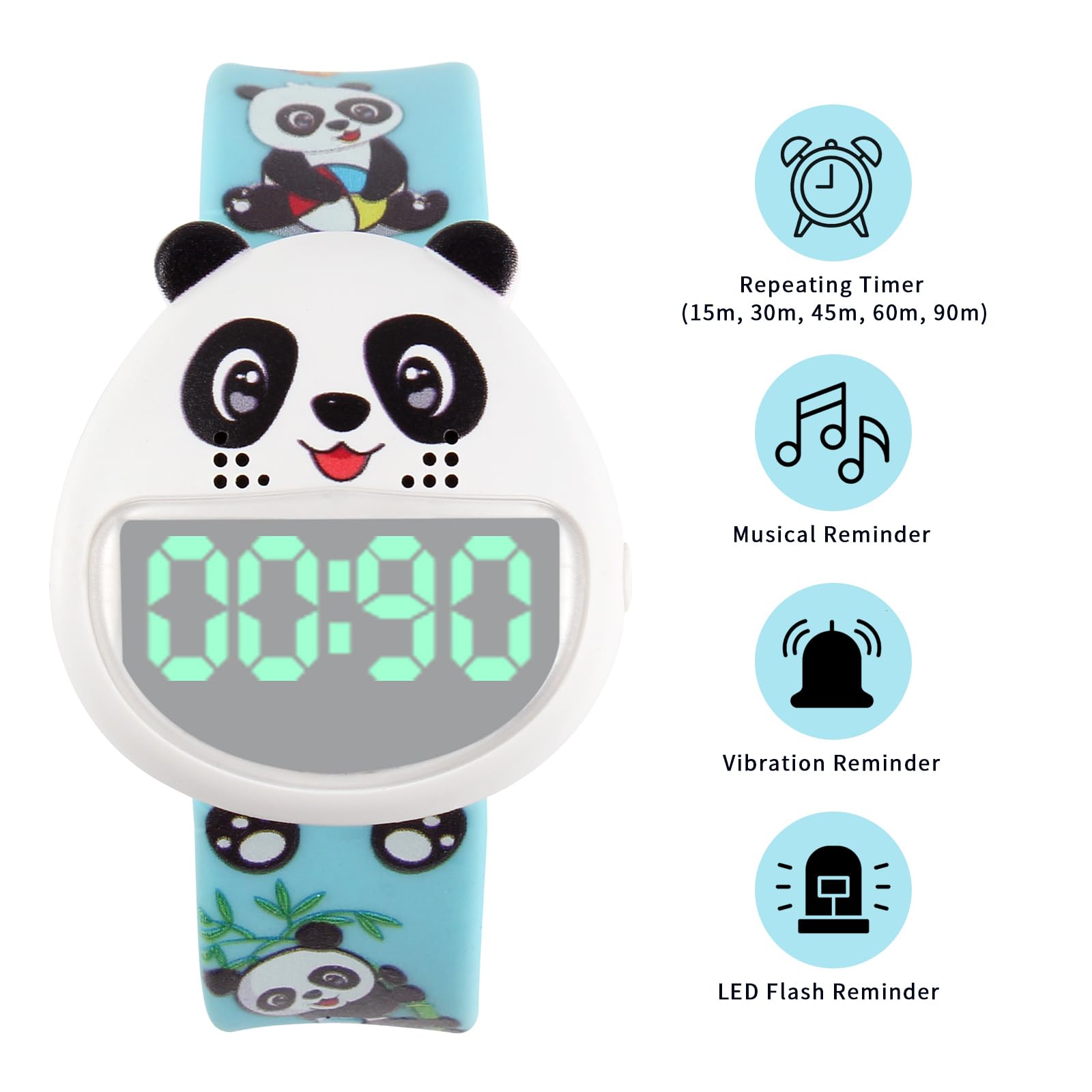 Panda Potty Training Timer for Kids - Adjustable 30/60/90 Minute Reminder with Music, Vibration & LED Alerts - Waterproof Toilet Training Device for Toddlers - Perfect for Home, Daycare & Travel Use (Blue)
