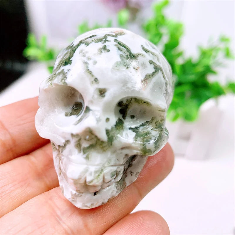 Natural Moss Agate Skull Carving - 2in Mini Crystal Stone Statue Figurine for Home Decor, Halloween Decoration & Witchcraft Gift - Perfect for Altar Display, Meditation Space & Gothic Decor