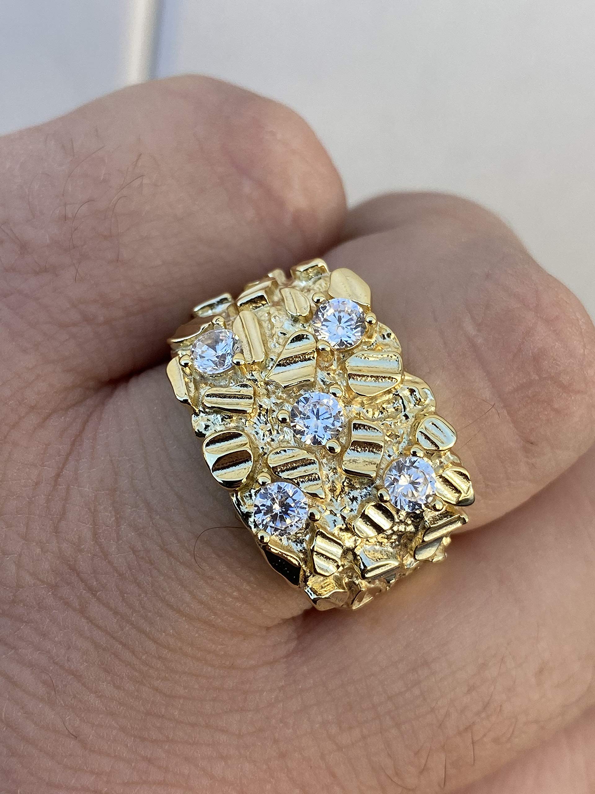 925 Sterling Silver Men's Nugget Ring with 14k Yellow Gold Plating - Iced Out Pinky or Ring Finger Jewelry for Men - Size 7-13 - Perfect for Gifts, Weddings & Everyday Wear