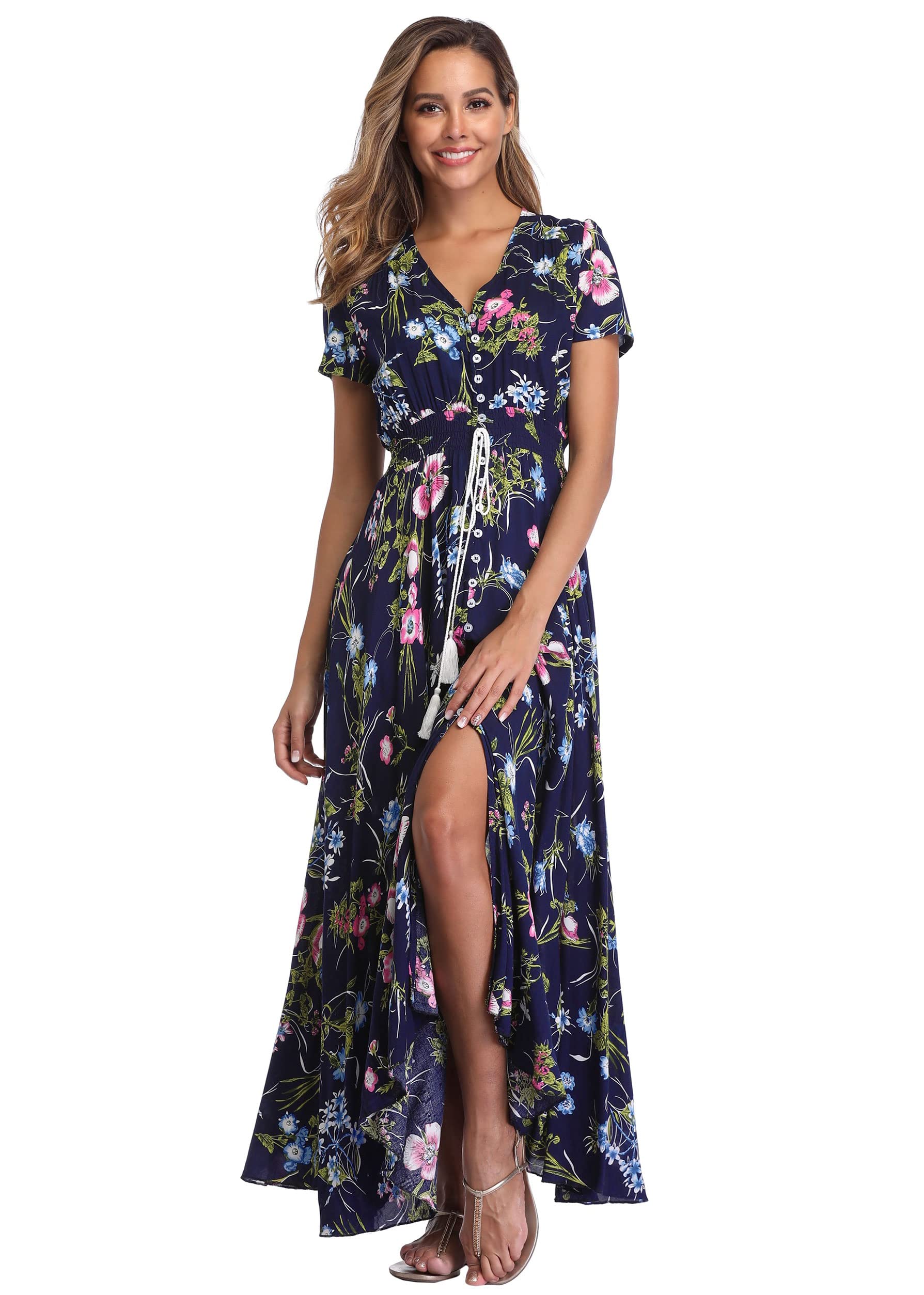 Ferrendo Women's Floral Maxi Dress - Button Up Split Front, Flowy Bohemian Summer Dress for Beach, Party & Vacation | Lightweight Casual Sundress for Outdoor Events