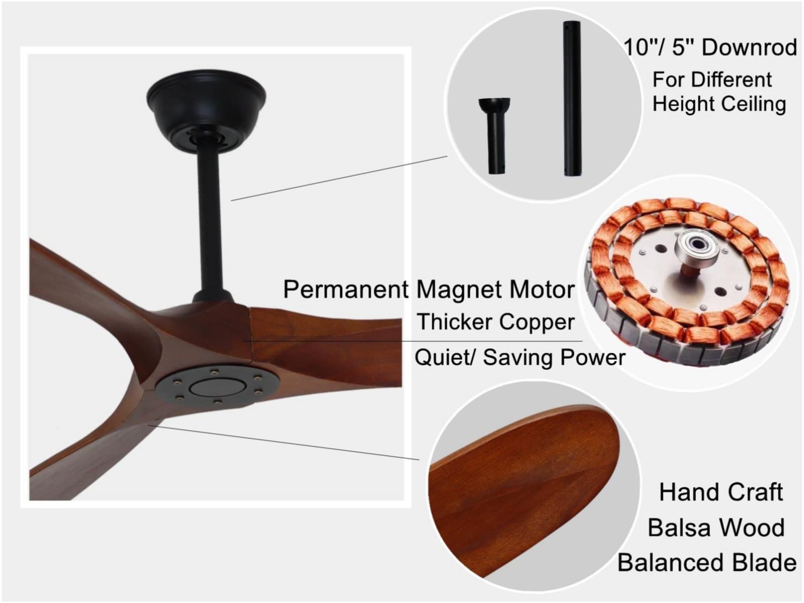 Goozegg 60 Inch Outdoor Ceiling Fan with Remote Control - 3 Wooden Blades, Energy Efficient DC Motor, Walnut Black Finish - Perfect for Patio, Deck, Porch, and Covered Outdoor Spaces