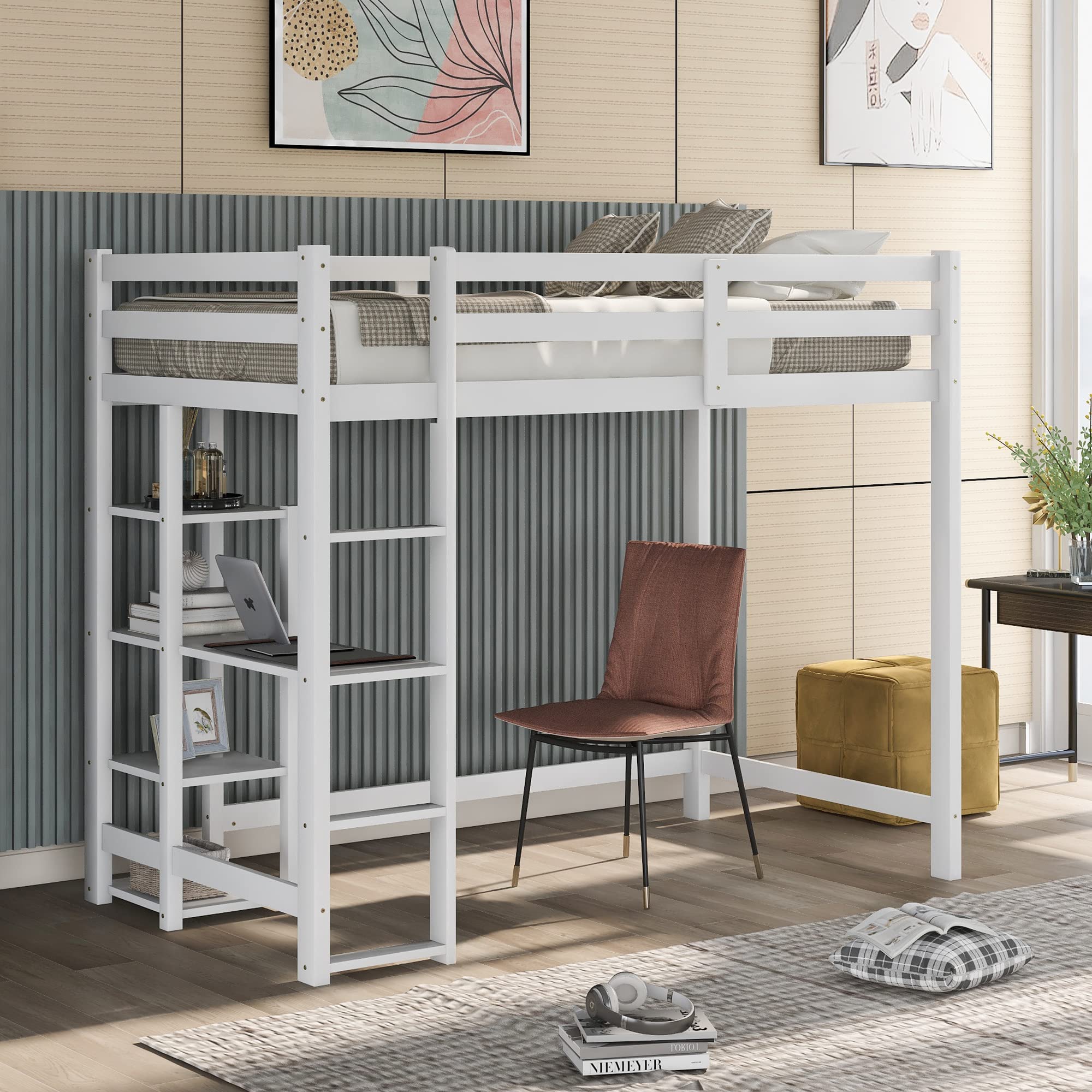 **Kids Loft Bed with Desk - Twin Size Loft Bed with Workstation for Teens, Boys, Girls & Adults - No Box Spring Needed - White - Perfect for Small Rooms, Dorms & Apartments**
