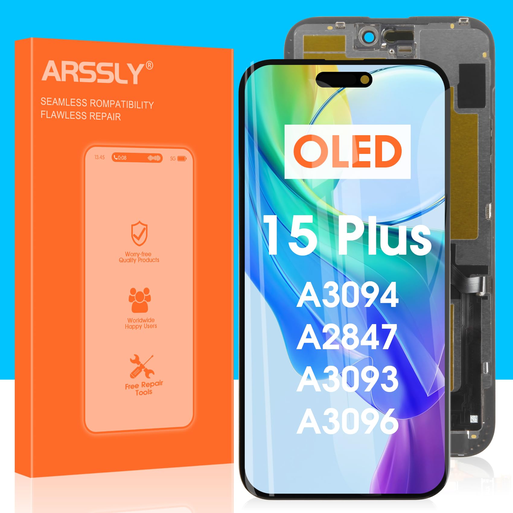 Original OLED Screen Replacement for iPhone 15 Plus - LCD Display Touch Digitizer Assembly (A3094 A2847 A3093 A3096) with Repair Tools - Black | DIY Phone Repair Kit for Home & Professional Use