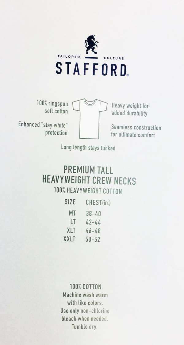 Stafford Men's 100% Heavy Weight Cotton Crew Neck Undershirt - White Short Sleeve 4-Pack (XXLT) | Tall & Extra Tall Comfort Fit | Moisture-Wicking Base Layer for Work & Casual Wear
