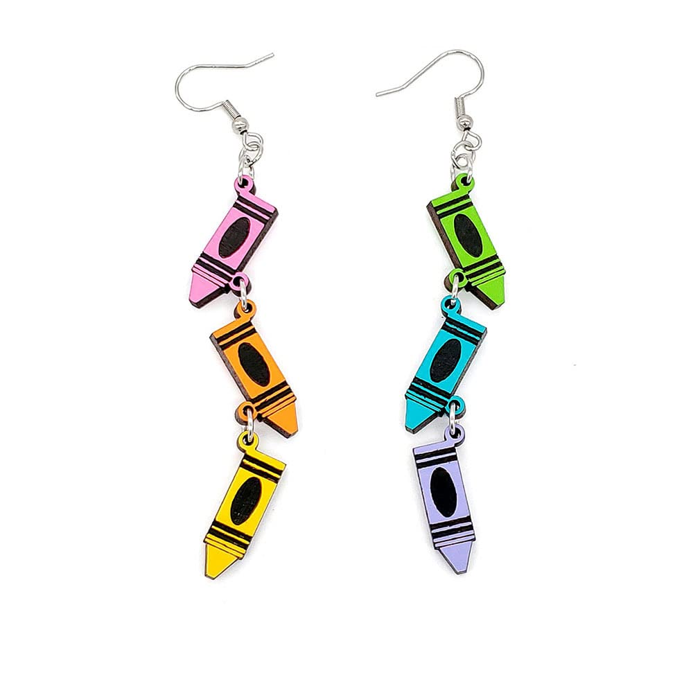 Funny Wooden Pencil & Crayon Book Earrings - Librarian Teacher Jewelry for Women, Students - Perfect for Graduation, Back to School & Reading Enthusiasts - Great Gift for Book Lovers & Educators