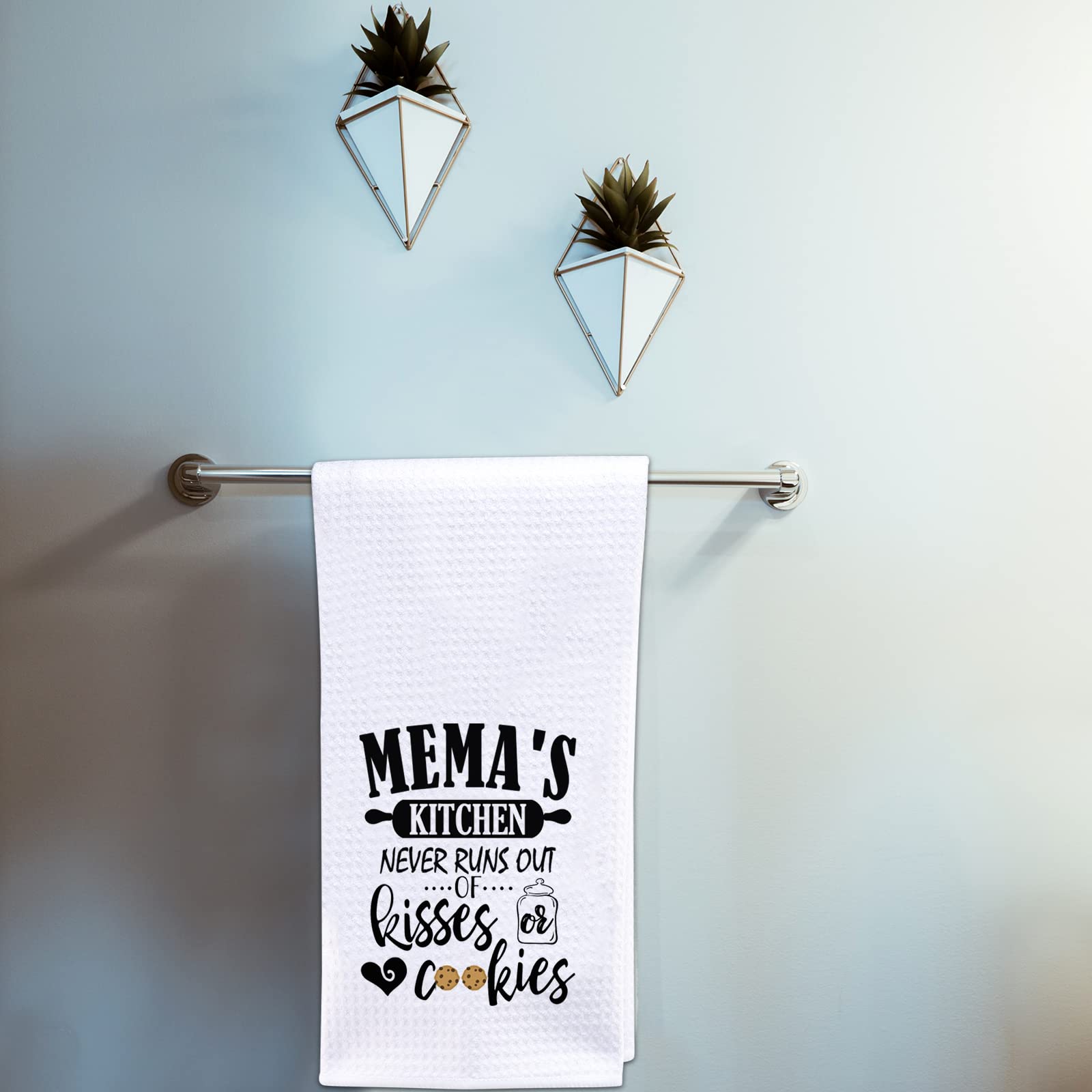 POFULL Mema Gift Dish Towel - Funny Grandma & Mother's Day Kitchen Decor - 'Mema's Kitchen Never Runs Out of Kisses & Cookies' - Perfect for Gifts, Home Decor & Farmhouse Style Kitchens