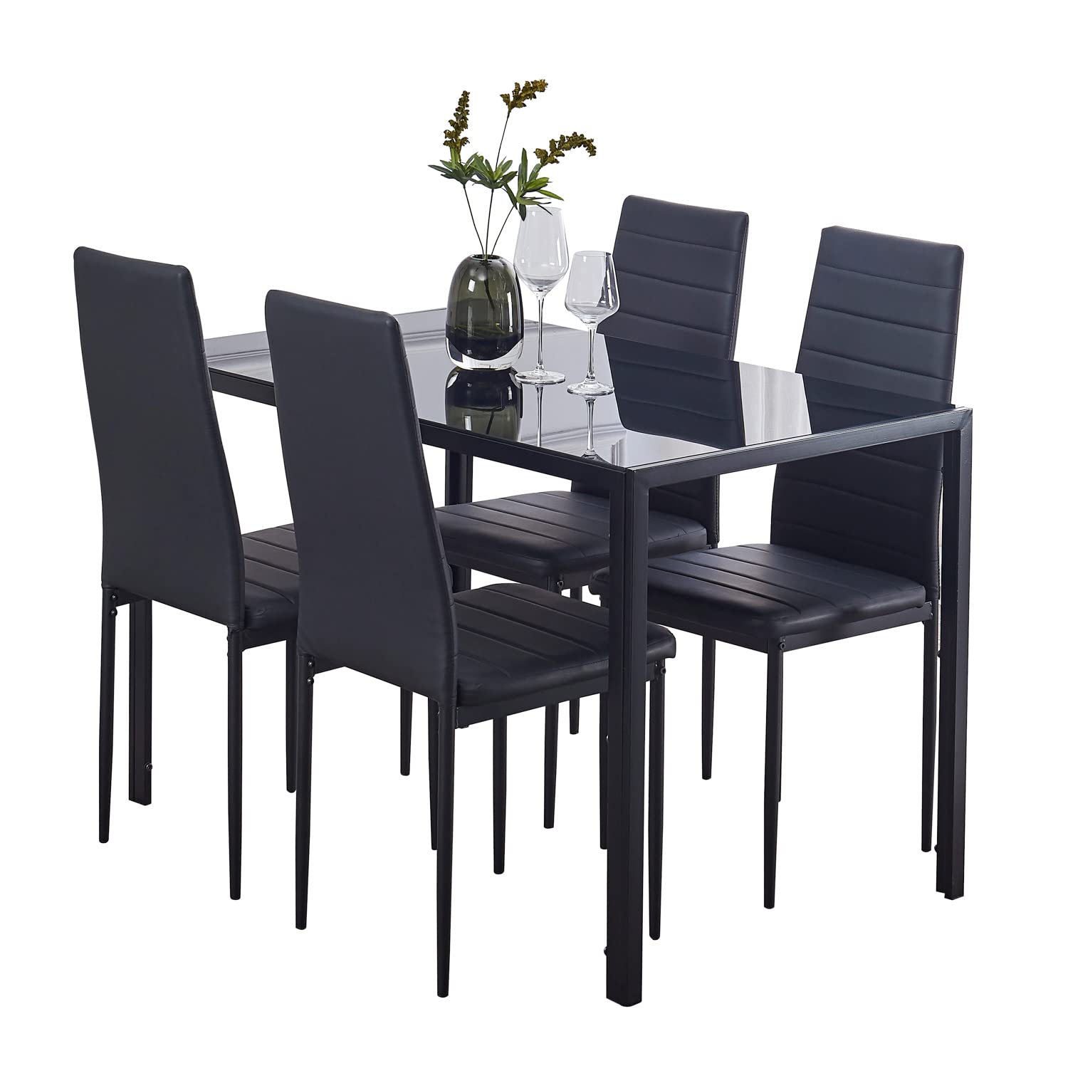 Modern 5-Piece Black Dining Table Set for 4 with Tempered Glass Top & Upholstered Chairs - Space-Saving Kitchen Table for Small Homes, Apartments & Compact Spaces - Perfect for Family Meals, Dinner Parties & Daily Use