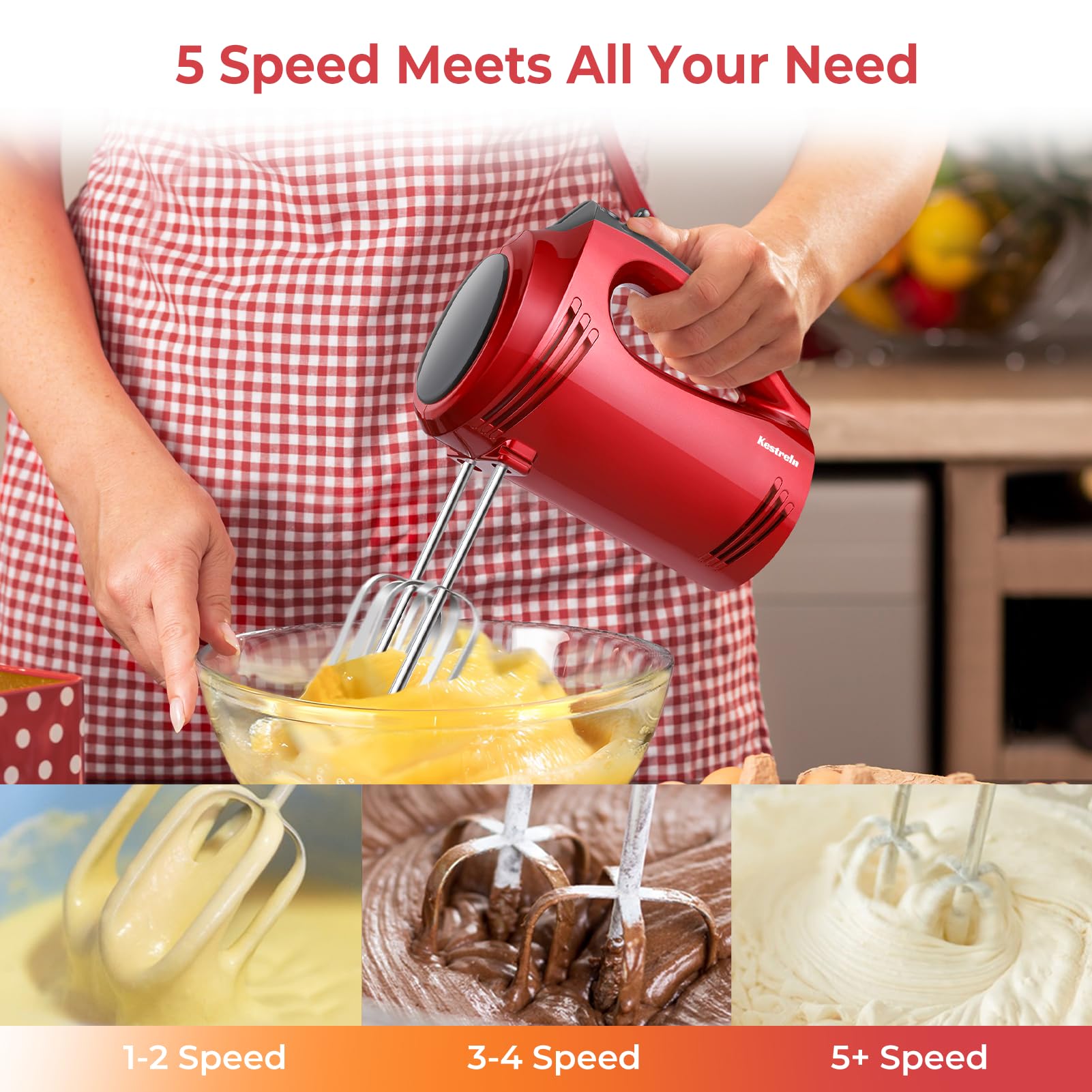 5-Speed Electric Hand Mixer with Flat Bottom - Powerful Portable Handheld Mixer for Baking, Whipping, Mashed Potatoes - Perfect for Kitchen, Home Baking & Cooking (Red)