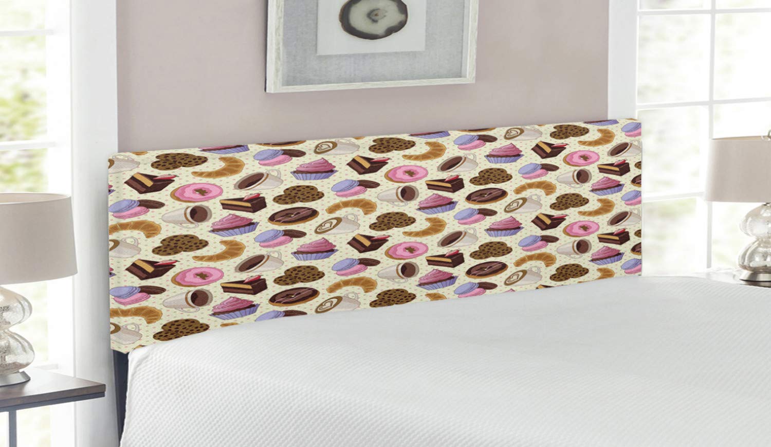 Ambesonne Coffee Themed Upholstered Headboard - Queen Size with Memory Foam, Decorative Metal Bed Frame featuring Coffee Shop Artwork of Cups, Cookies, Cake & Chocolate - Perfect for Bedroom Decor & Coffee Lovers' Home