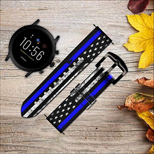 Thin Blue Line USA Leather & Silicone Smart Watch Band for Fossil Gen 5E, Gen 5, Gen 4 Sport, Hybrid Smartwatch HR - Compatible with Neutra, Collider & Women's Gen 5 (22mm) - Durable & Stylish Replacement Strap for Workouts, Office & Everyday Wear