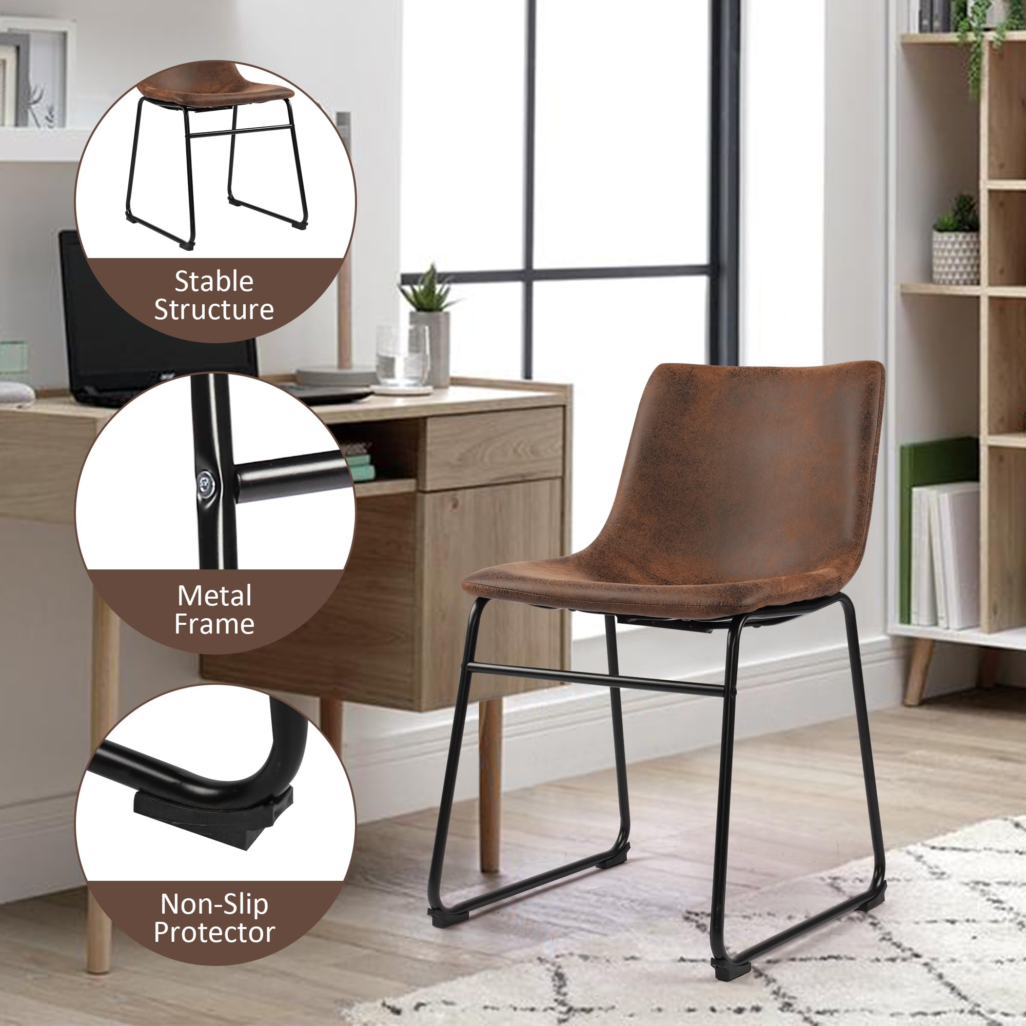 Mid Century Modern Dining Chairs Set of 2 - Dark Brown Suede Upholstered Armless Kitchen Chairs with Metal Legs - Perfect for Dining Room, Kitchen, and Small Space Decor