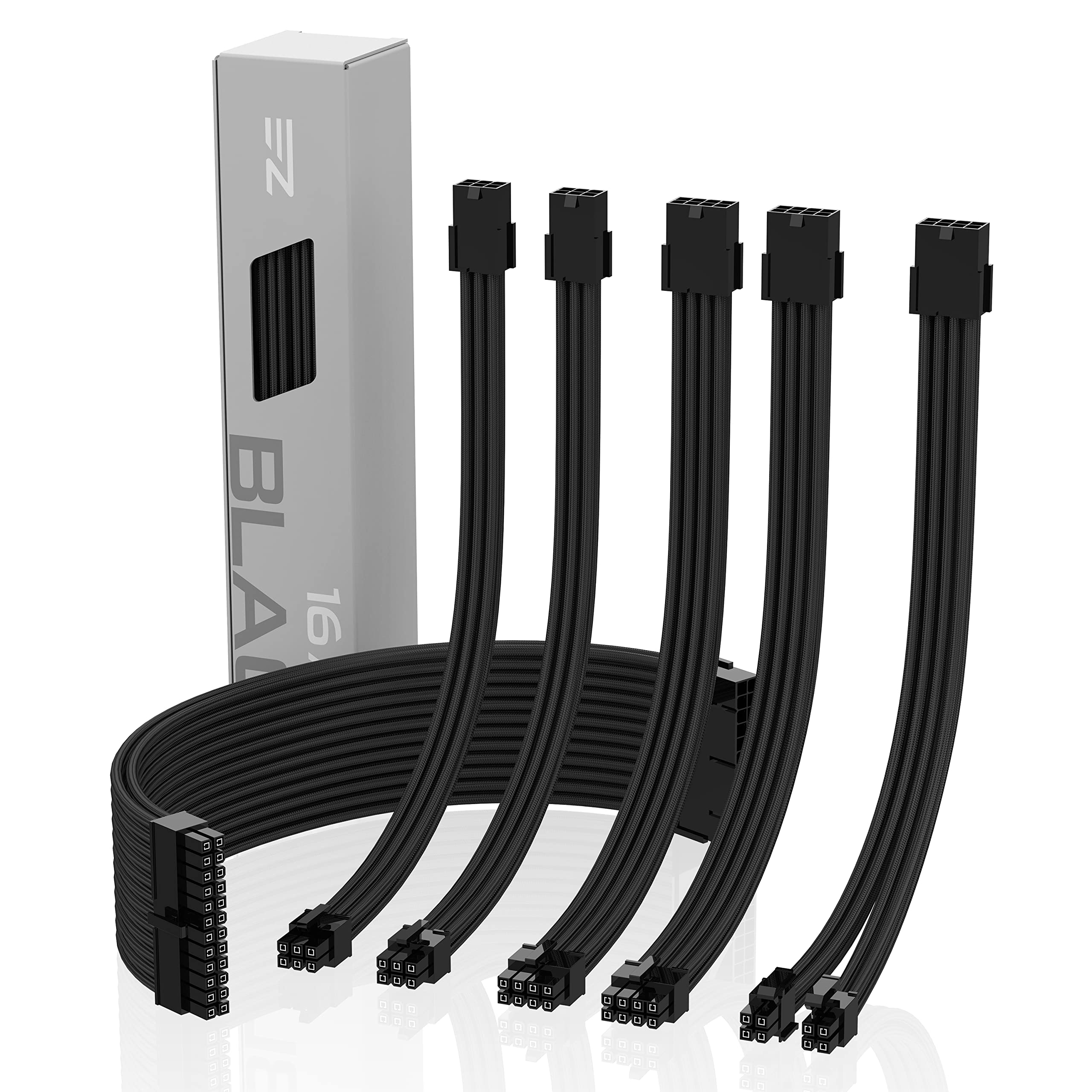 EZDIY-FAB Premium PSU Cable Extension Kit - 16 AWG Sleeved Cables (24-PIN, 8-PIN, 6-PIN, 4+4-PIN) with Cable Combs - Black | Custom Power Supply Upgrade for Gaming PC, Workstation & Custom Builds