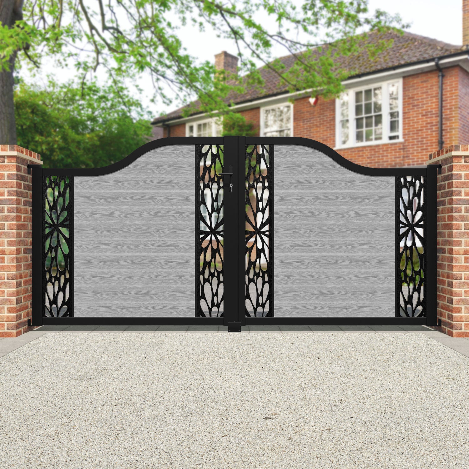 Classic Blossom Curved Top Driveway Gate - Light Grey Steel Fence with Middle & End Screen Panels | Elegant Security Solution for Residential Homes, Gardens & Commercial Properties