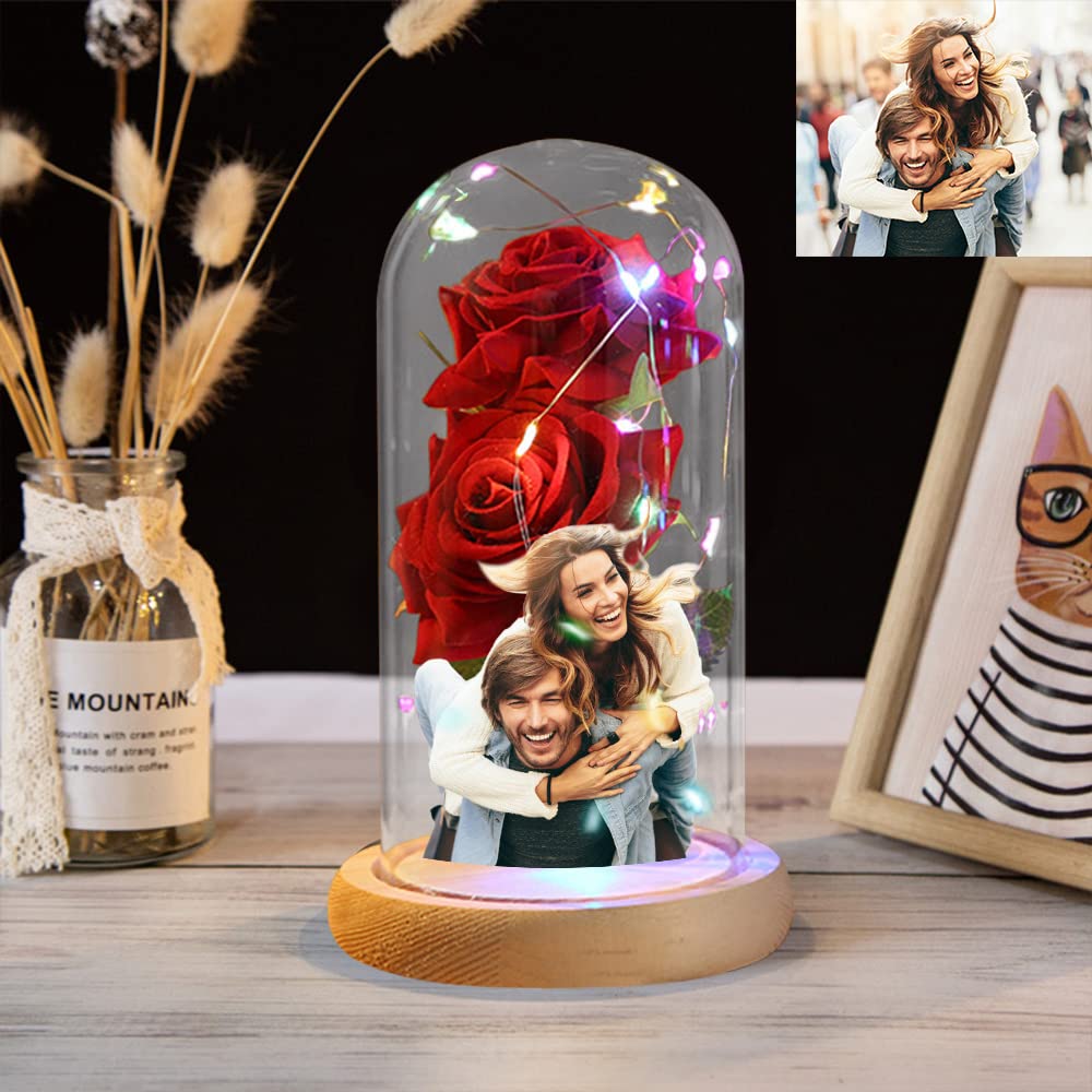 Custom Photo Text Red Silk Eternal Rose in Glass Dome with LED Light & Wood Base - Valentine's Day Home Decor, Anniversary Gift for Wife, Romantic Preserved Flower for Wedding, Proposal & Special Occasions
