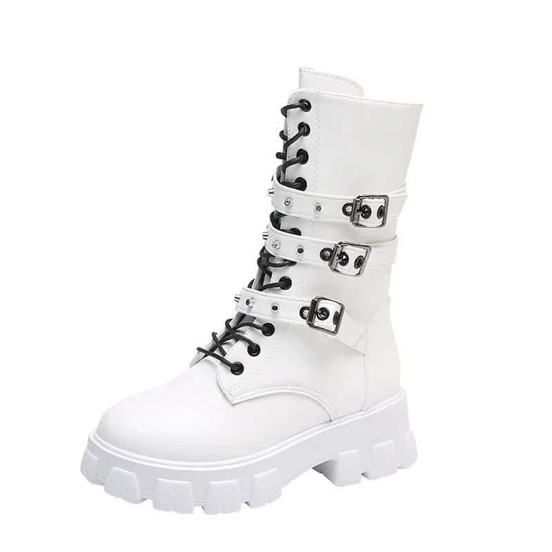 Gothic Punk Women's Combat Motorcycle Boots with Platform Buckles, Chains & Rivets - Chunky Heel Mid Calf Boots for Biker, Rocker & Alternative Fashion | Perfect for Concerts, Nightclubs & Motorcycle Riding