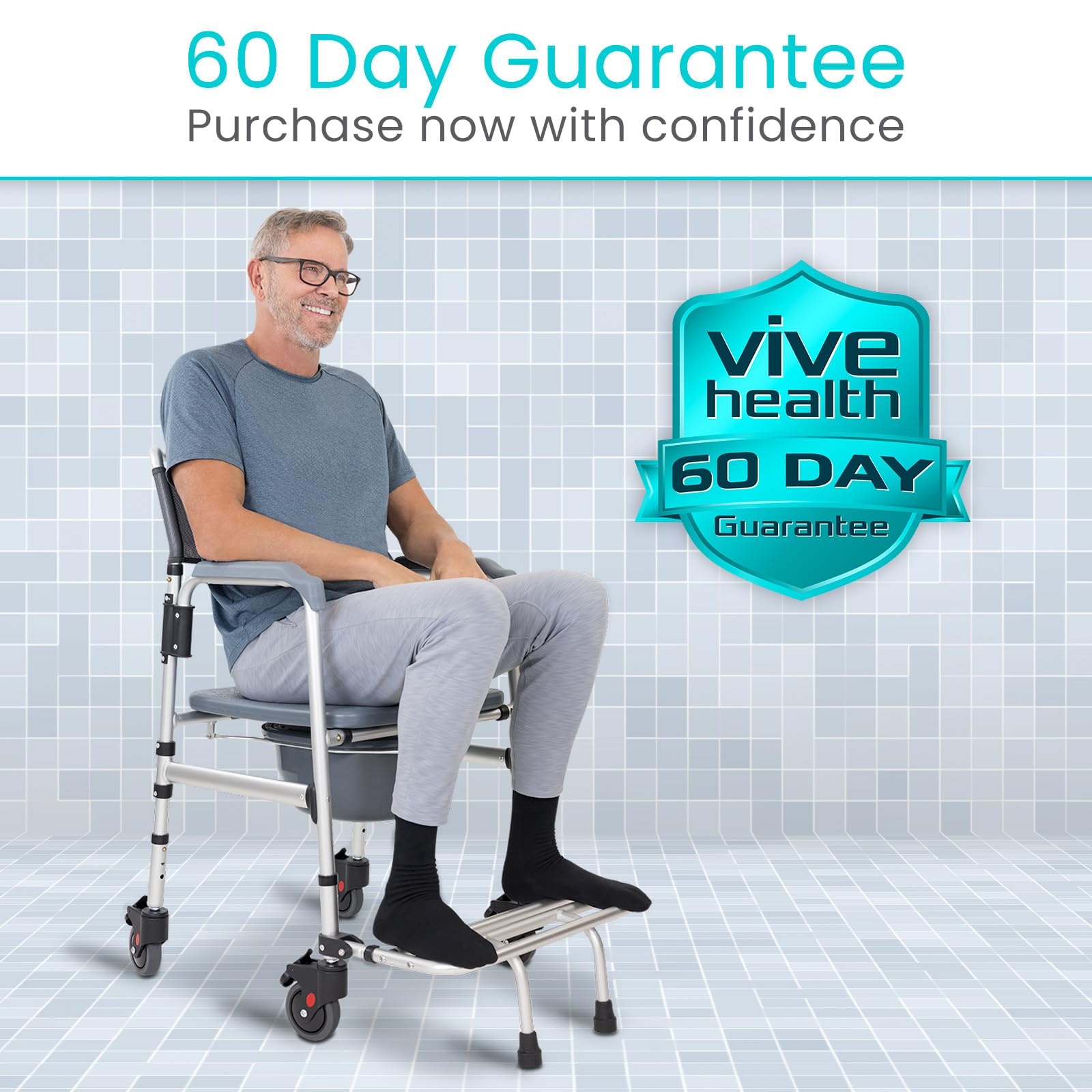 Vive Commode Shower Chair with Wheels - Adjustable Height Rolling Toilet Seat for Elderly, Disabled & Seniors - Bathroom Safety Transfer Chair with Arms, Non-Slip Footrest & Removable Bucket - Ideal for Home Care, Assisted Living & Mobility Assistance