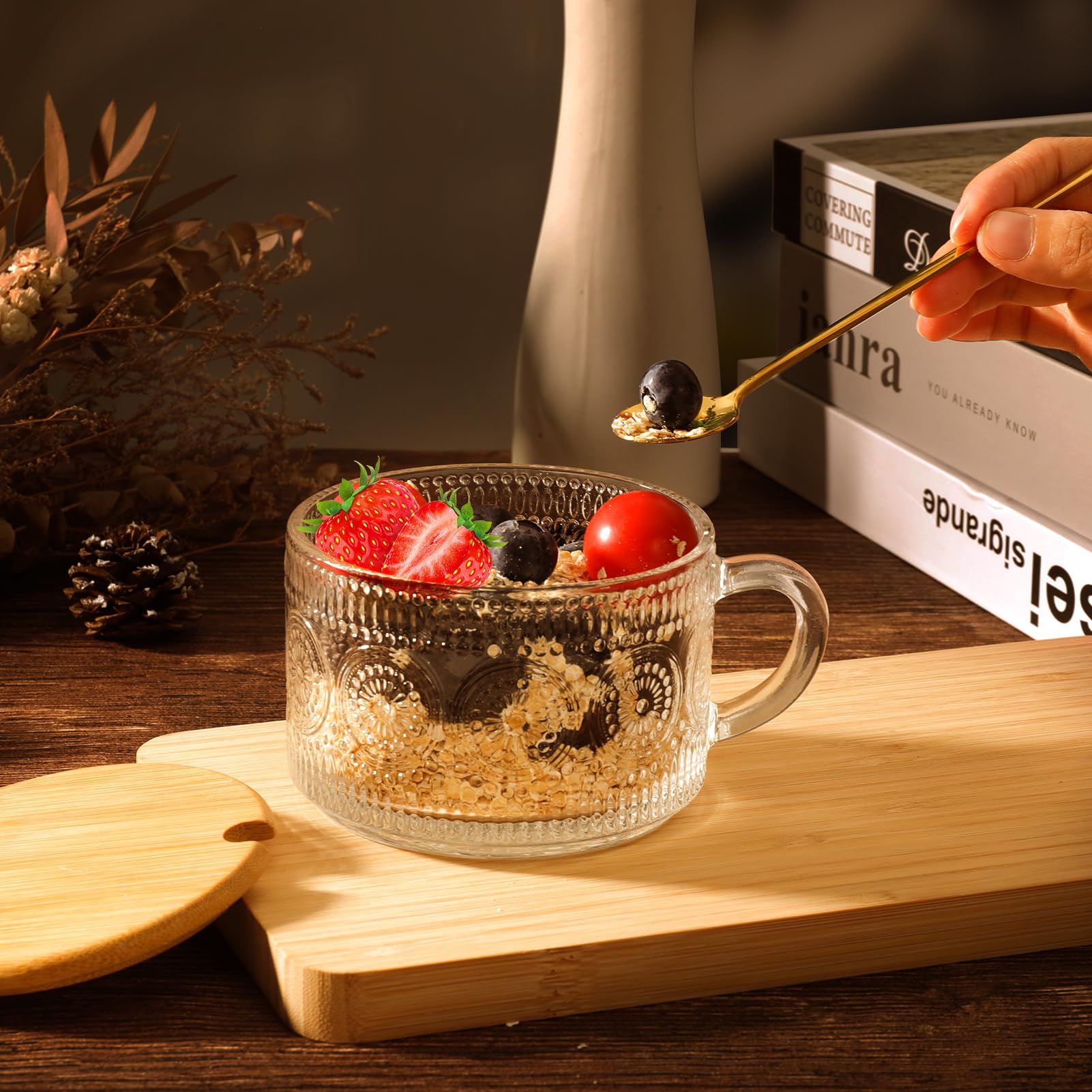 14oz Glass Coffee Mugs with Bamboo Lids & Spoons - Clear Embossed Tea Cups for Cappuccino, Latte & Overnight Oats - Perfect Coffee Bar Accessories & Christmas Thanksgiving Gifts for Home, Office or Cafe Use