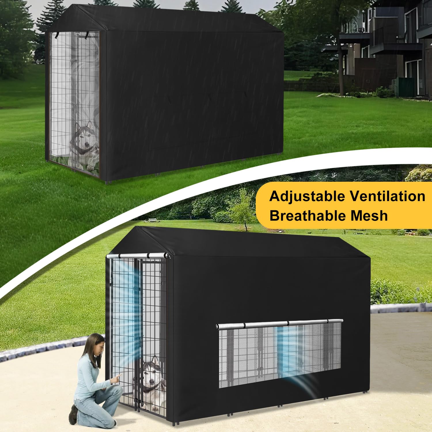 **Large Waterproof Outdoor Dog Kennel Cover with Anti-UV Mesh Window & Clear View Panel - Fully Enclosed Shade for Playpen, Crate, or Patio - Perfect for Sun Protection & Rainy Days**