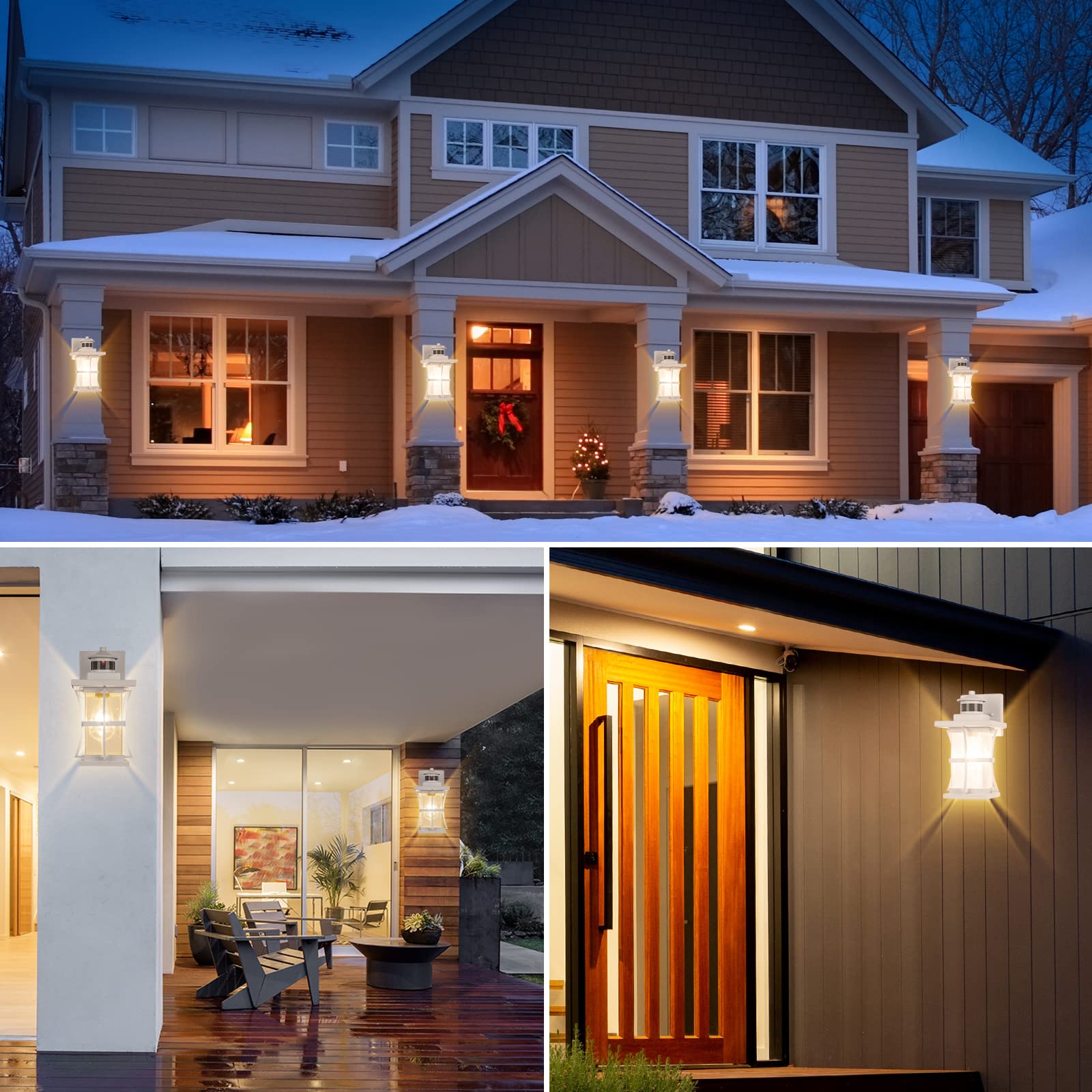 White Motion Sensor Outdoor Lights - Dusk to Dawn Waterproof Wall Mount Fixtures, Anti-Rust Exterior Lighting for House, Garage & Porch | Ideal for Security, Pathway & Entryway Illumination