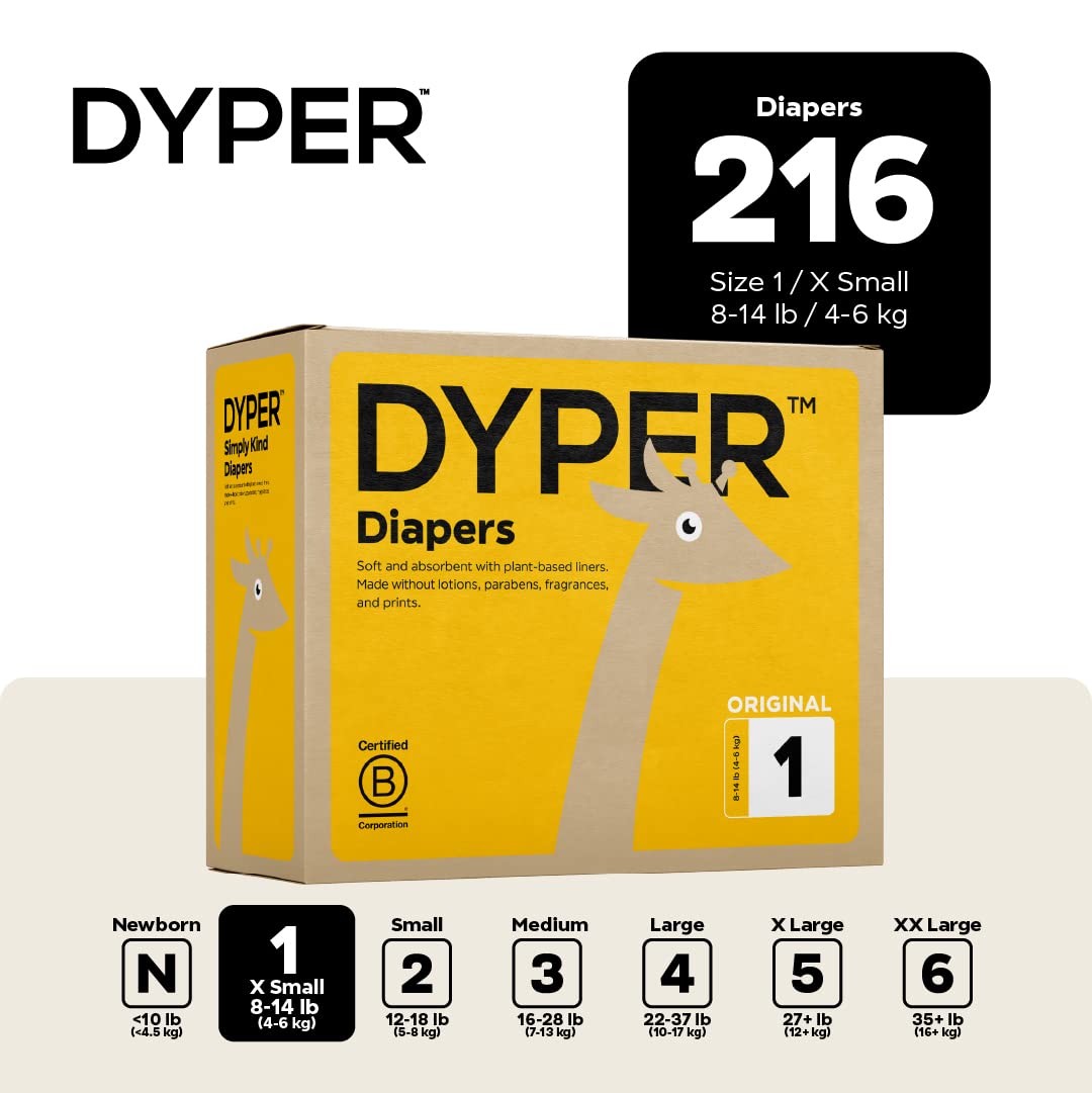DYPER Size 1 Baby Diapers - Hypoallergenic, Plant-Based & Unscented for Sensitive Newborn Skin | Honest Ingredients, Cloth Alternative | Day & Overnight Protection | Perfect for Newborn Care, Nursery Essentials and Gentle Skin Protection